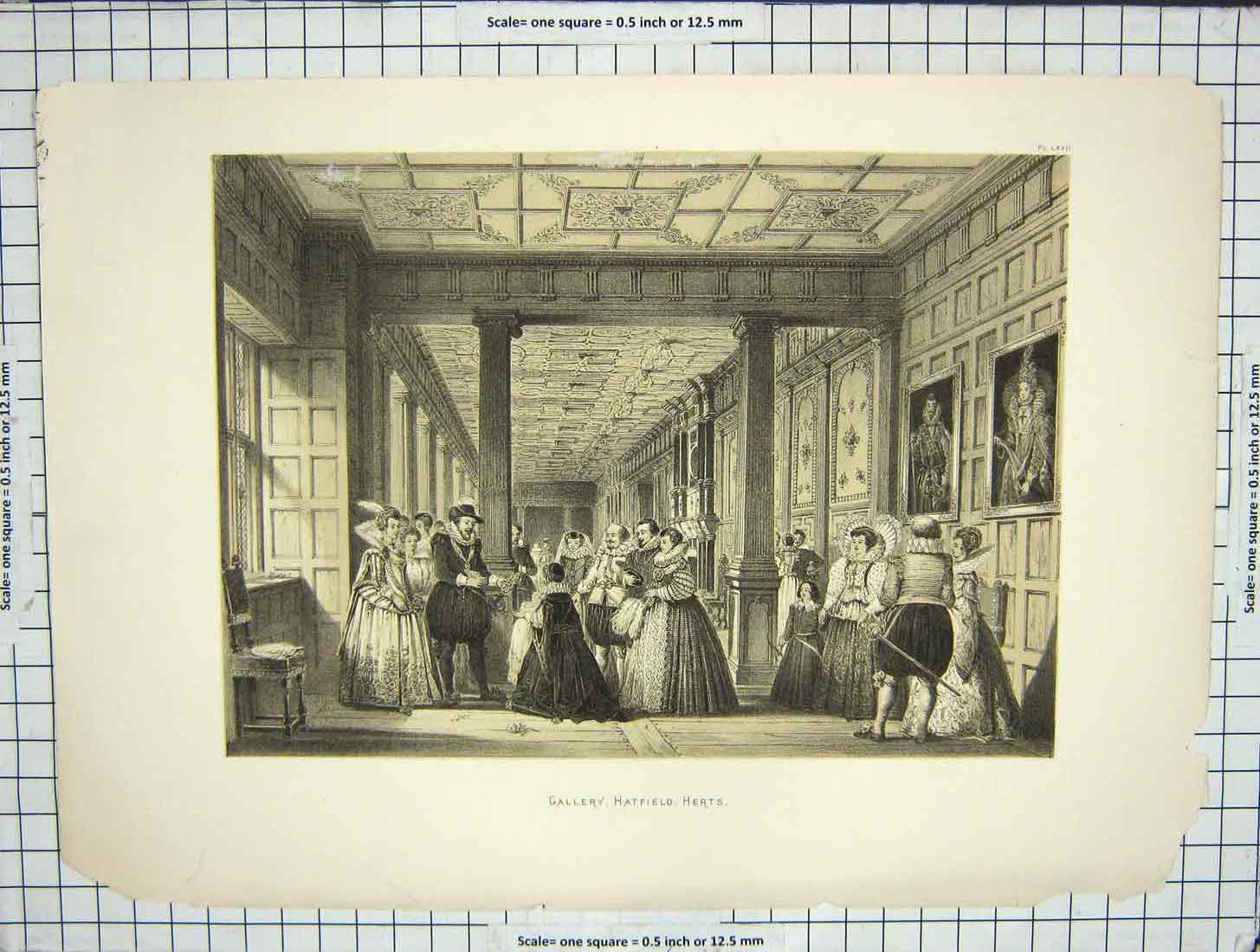 Original Old Antique Print Engraving Gallery Hatfield Herts England