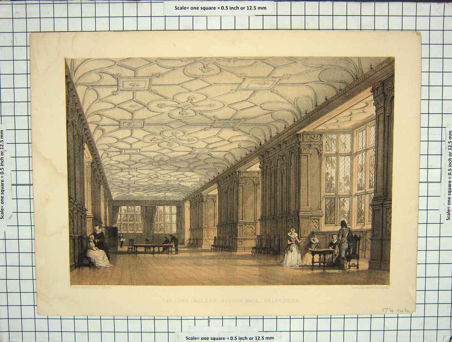 Original Old Antique Print Long Gallery Haddon Hall Derbyshire Engraving