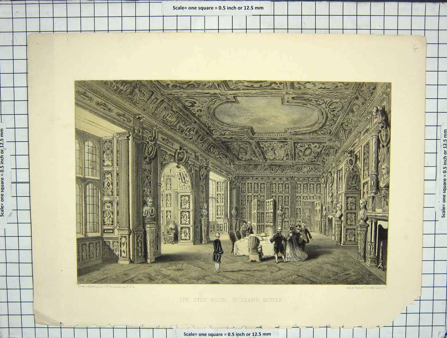 Original Old Antique Print Gilt Room Holland House Richardson Engraving