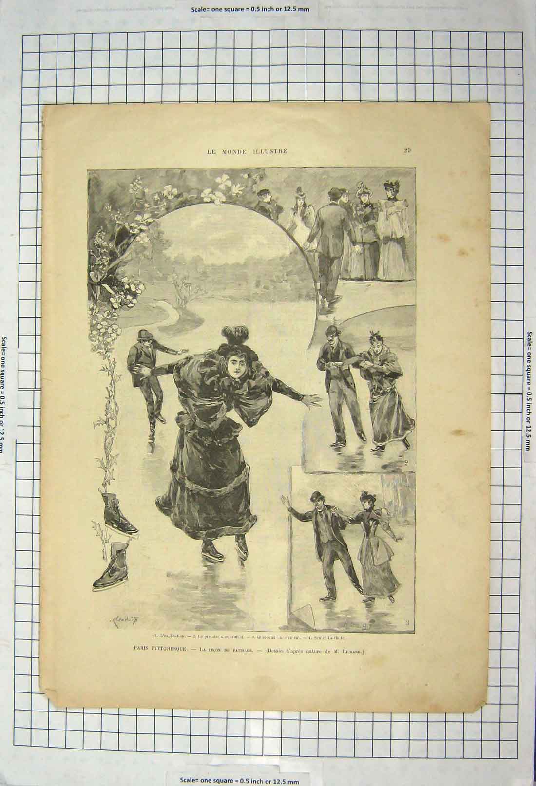Original Old Antique Print Paris France Ice Skating Scene Winter Amusements