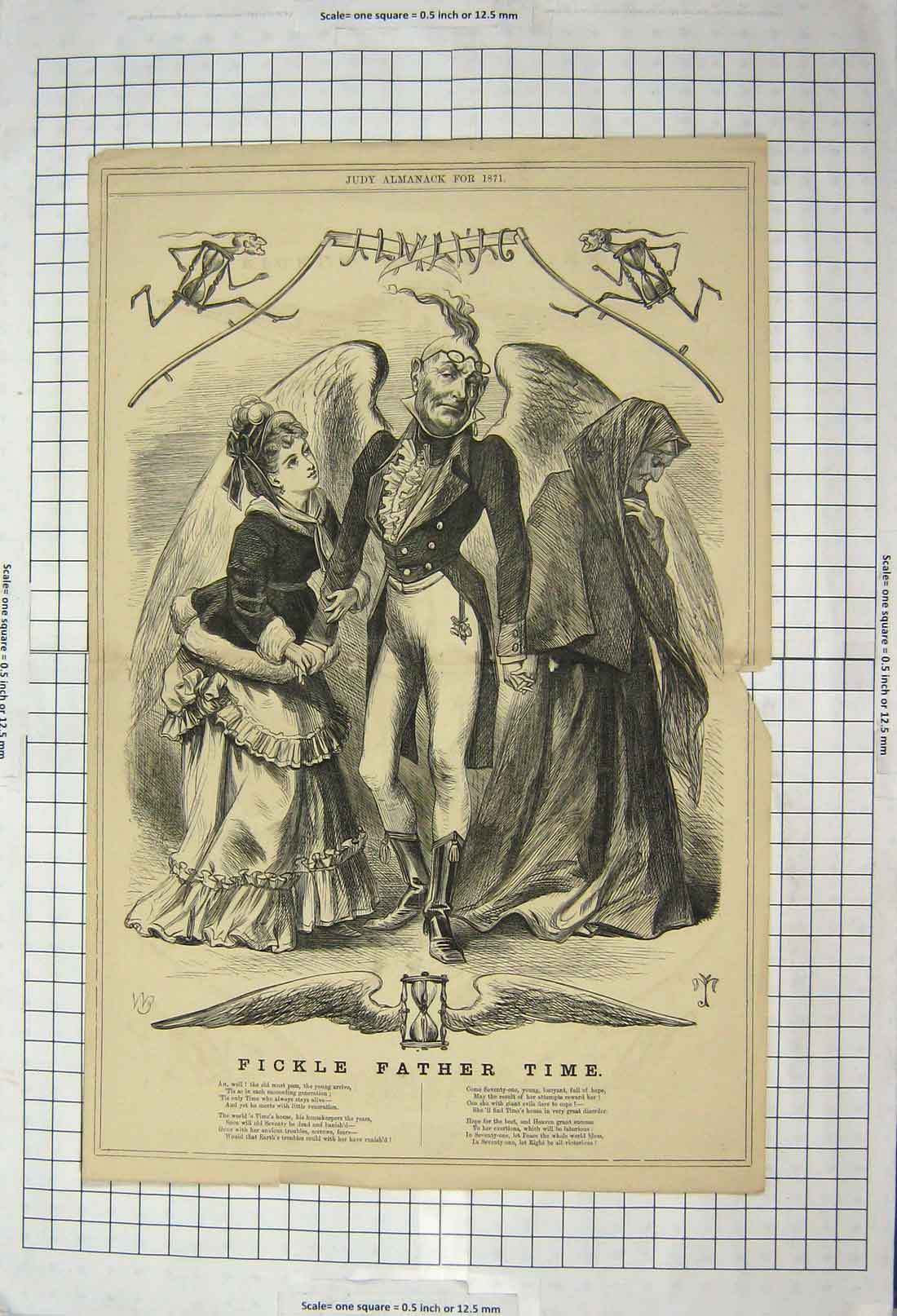 Original Old Antique Print Fickle Father Time 1871 Poem Crying Man Romance 19th