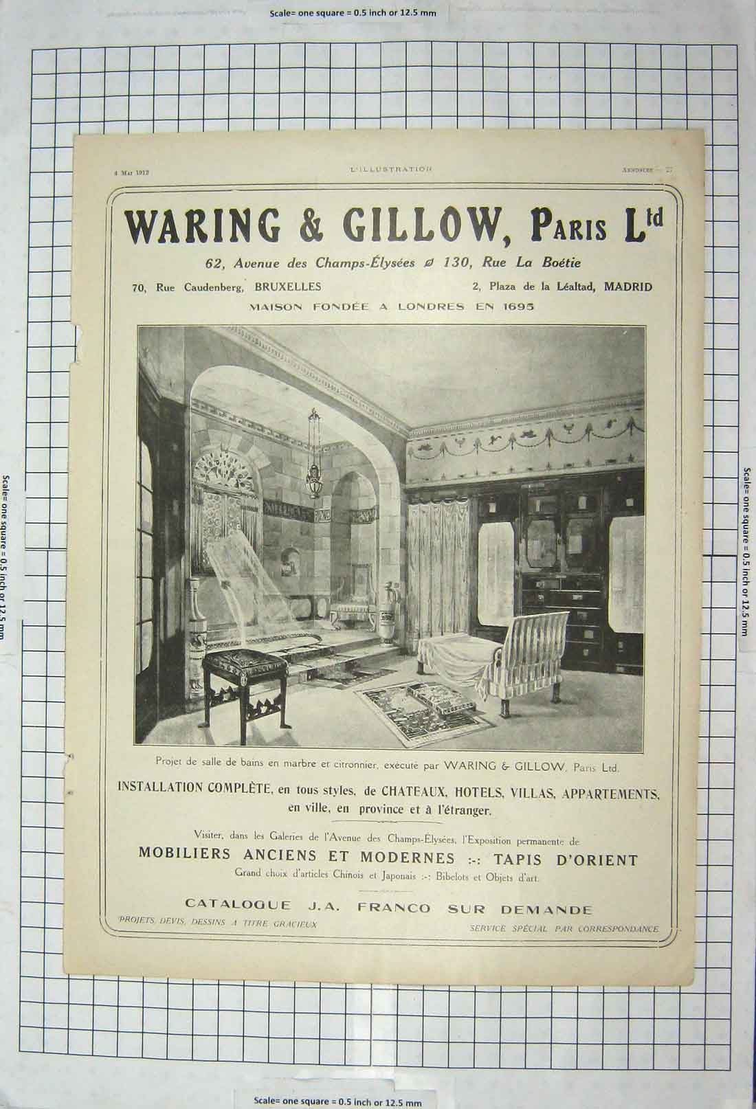 Old Antique Print 1912 Waring Gillow Paris Advertisement Bruxelles Madrid 20th