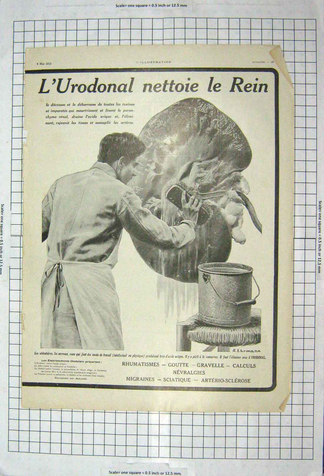 Old Antique Print 1912 Advertisement L'Urodonal Nettoie Le Rein Cleaning 20th