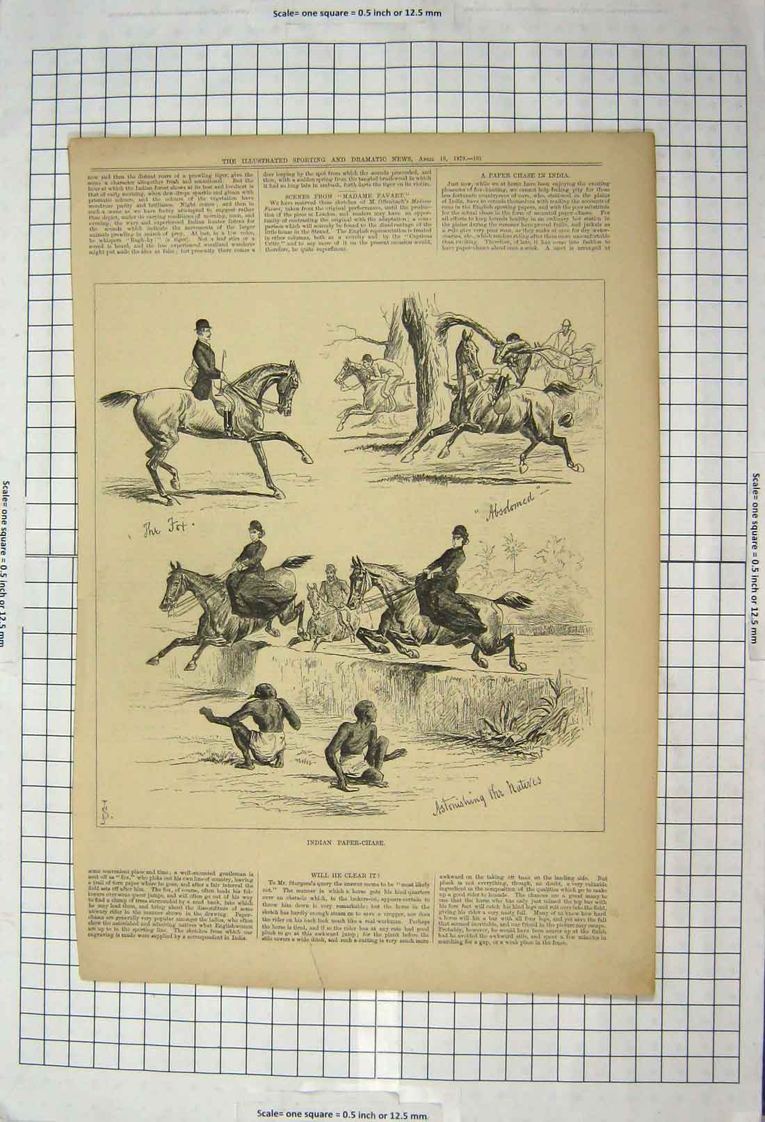 Original Old Antique Print 1879 Indian Paper Chase Horses Jumping Natives 19th