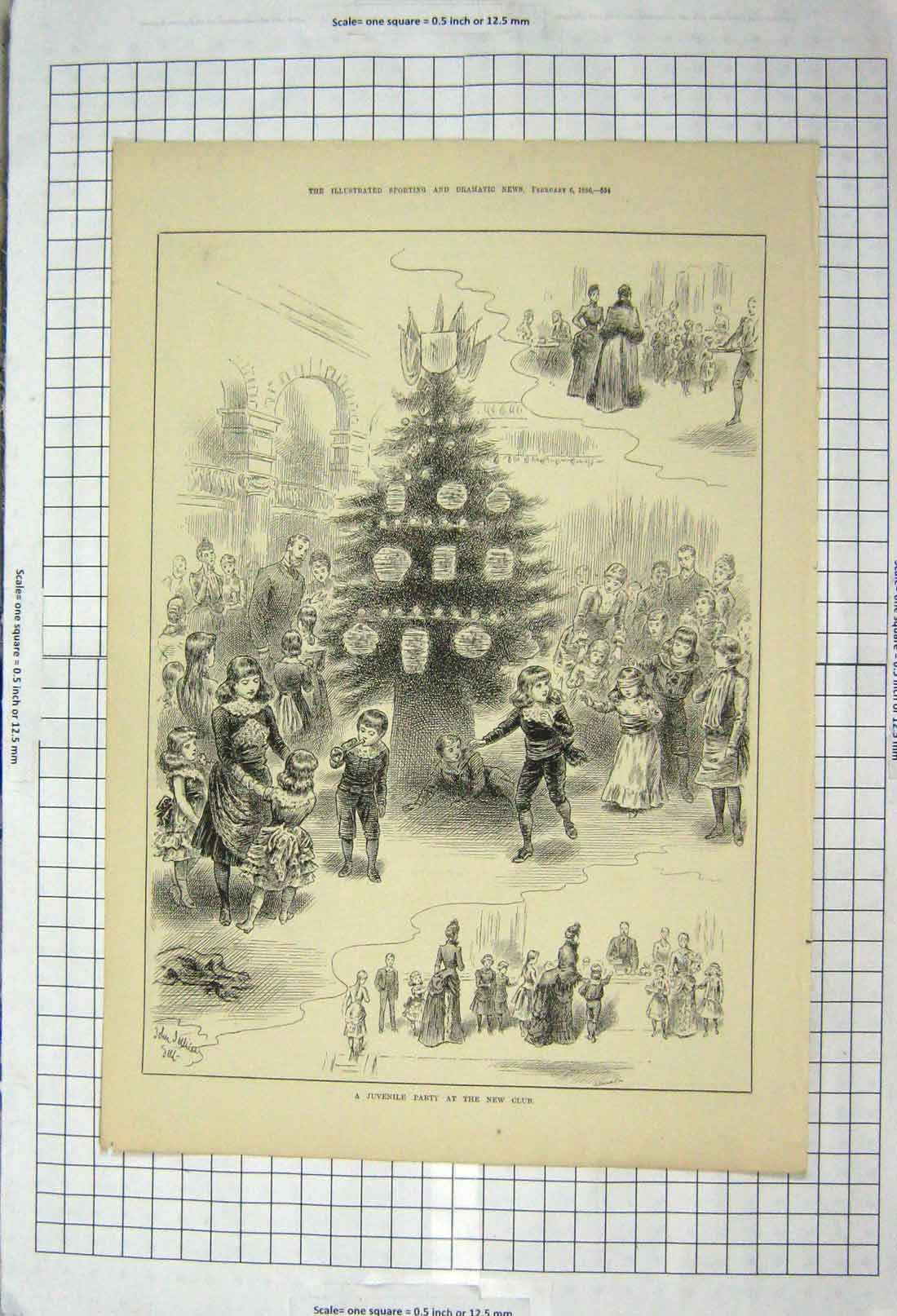 Original Old Antique Print 1886 Juvenile Party New Club Children Christmas 19th