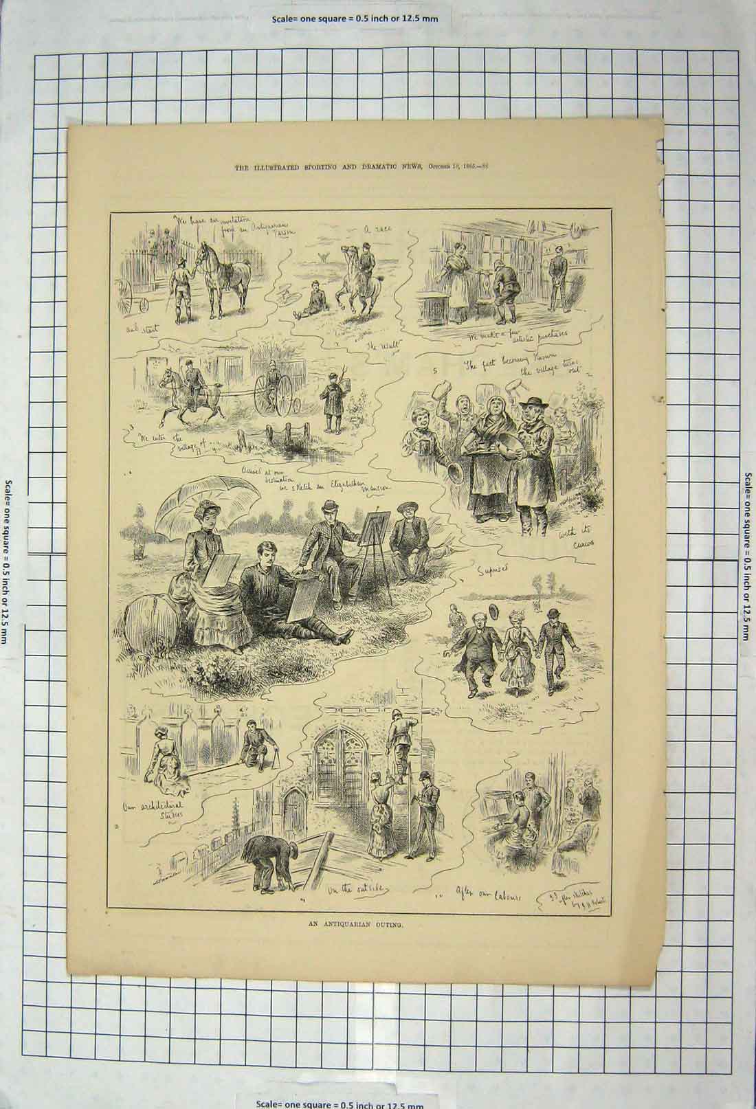 Original Old Antique Print 1885 Antiquarian Outing Artists Policeman Horse 19th