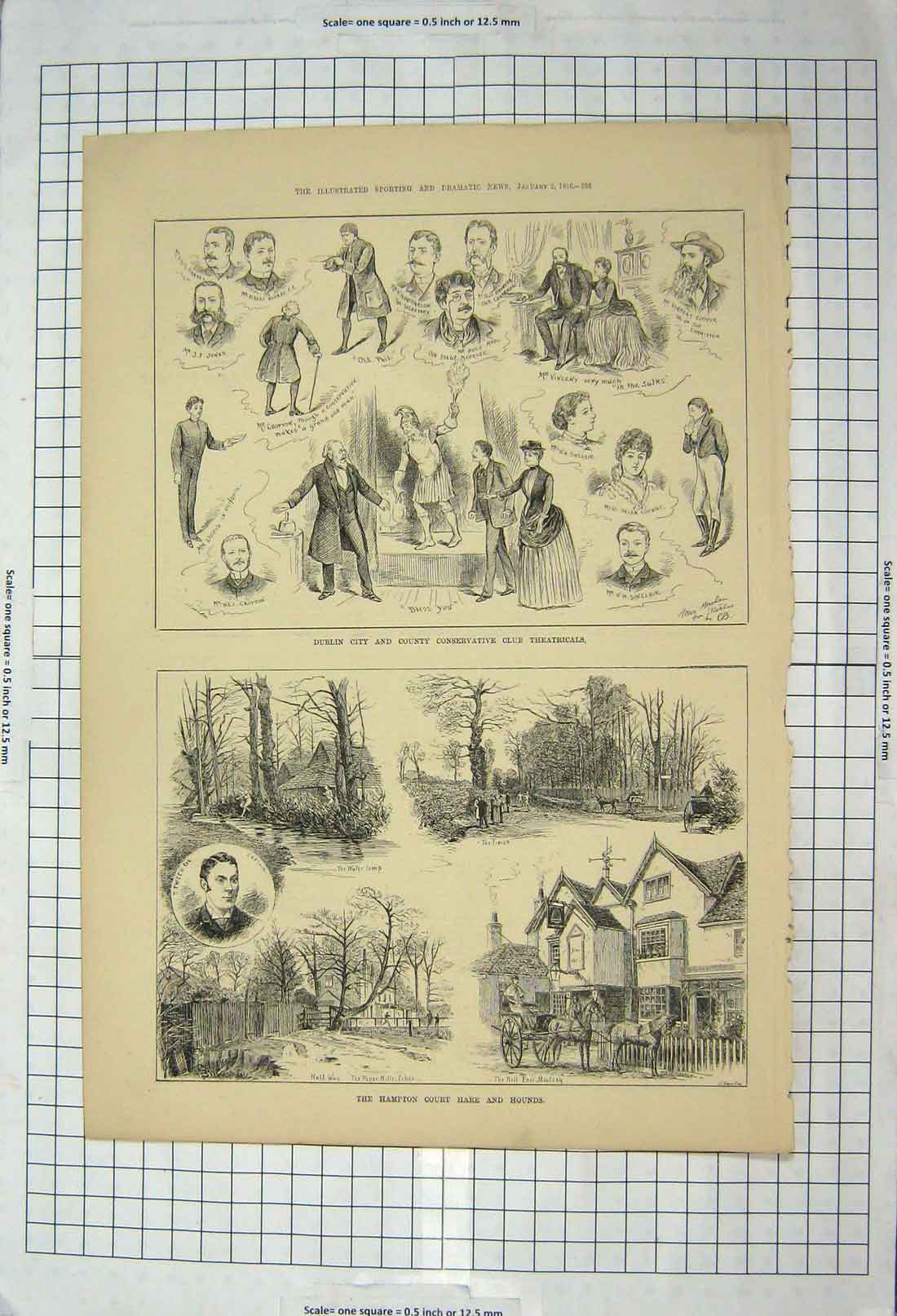 Original Old Antique Print 1886 Hampton Court Hare Hounds Dublin Theatricals