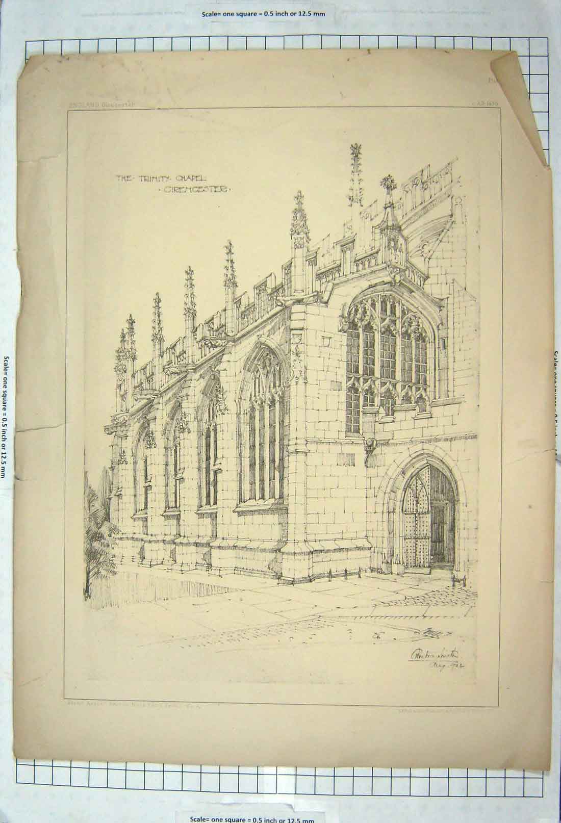 Original Old Antique Print Trinity Chapel Cirencester Church Architecture