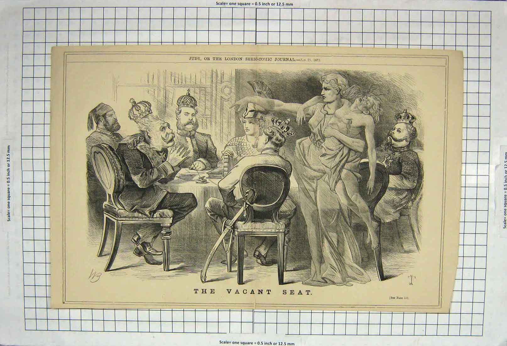 Original Old Antique Print 1871 Vacant Seat Crown Noblemen Lady 19th