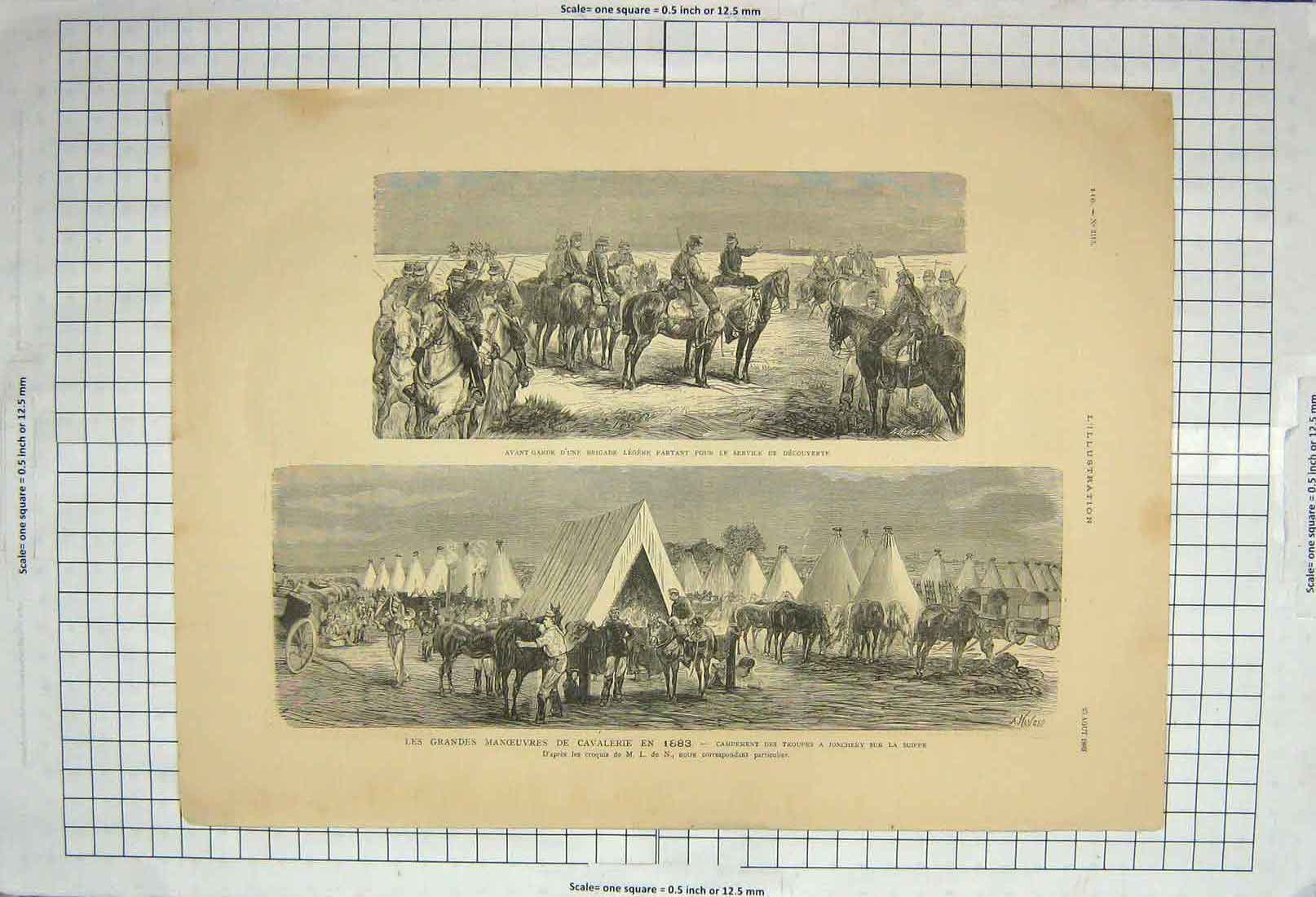 Original Old Antique Print 1883 Avant Garde Brigade Legere Siers War Suippe