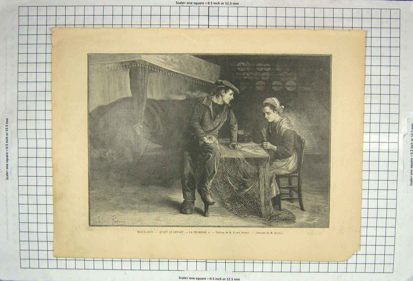 Original Old Antique Print Julien Perrey Art Fishing Nets Lady Sewing Man Baude