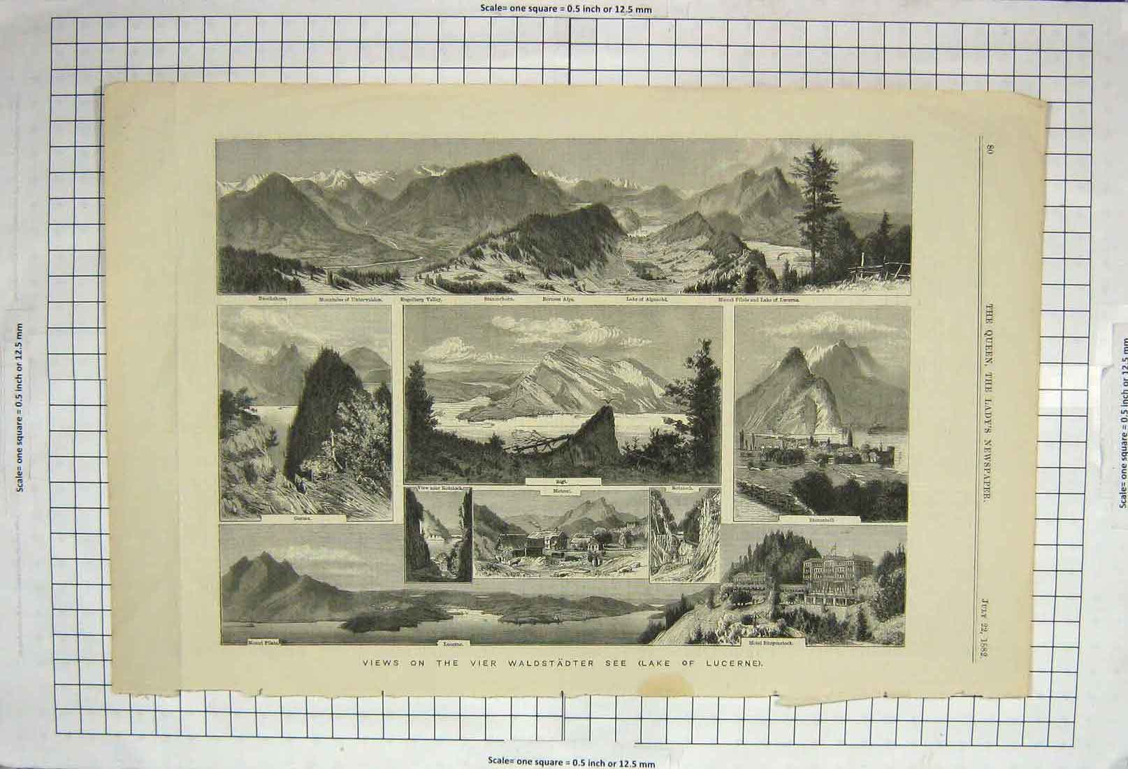 Old Antique Print 1882 Vier Waldstadter Lake Lucerne Rigi Alps Alpnacht 19th