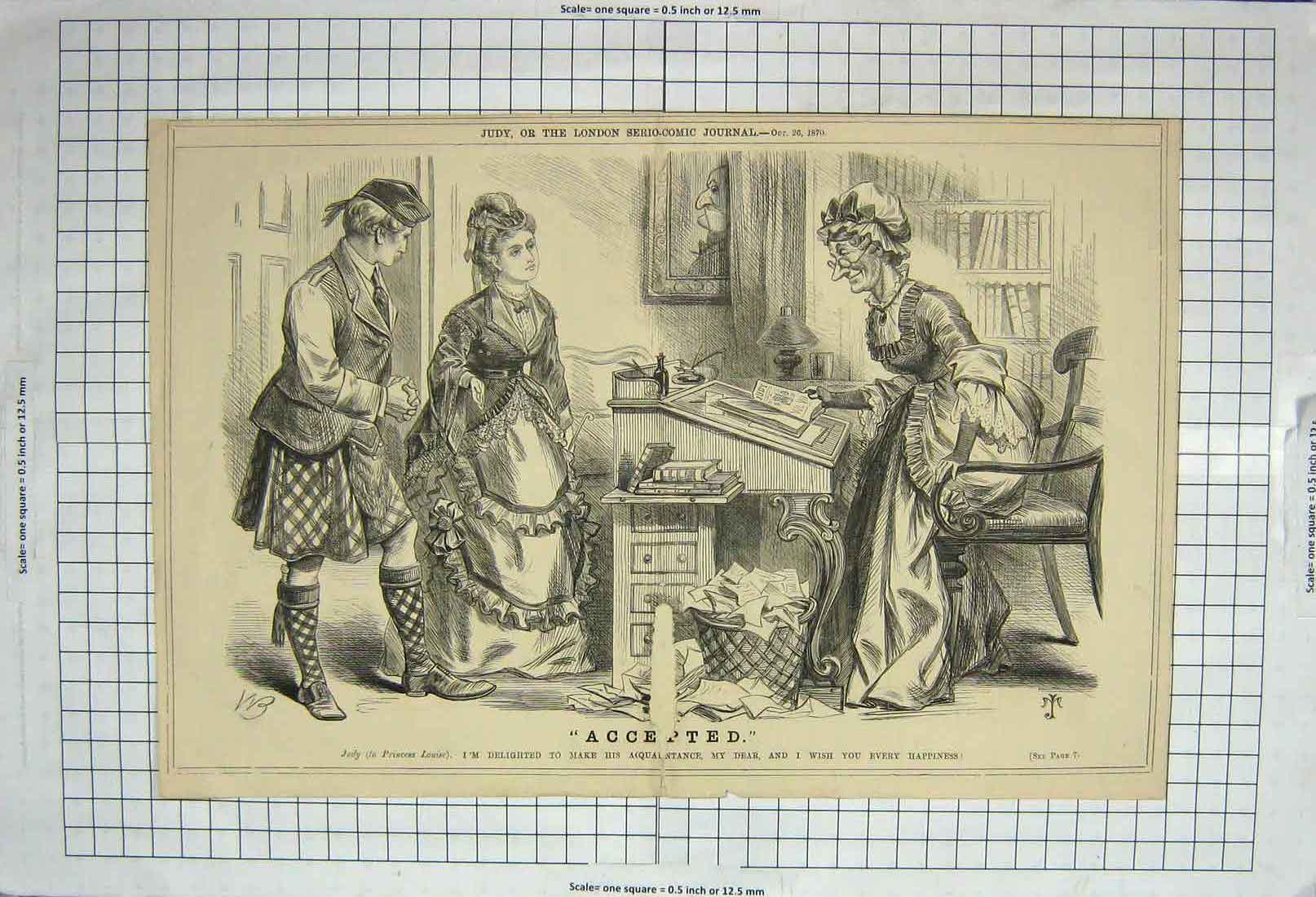 Original Old Antique Print 1870 Judy Princess Louise Ladies Man Kilt Victorian