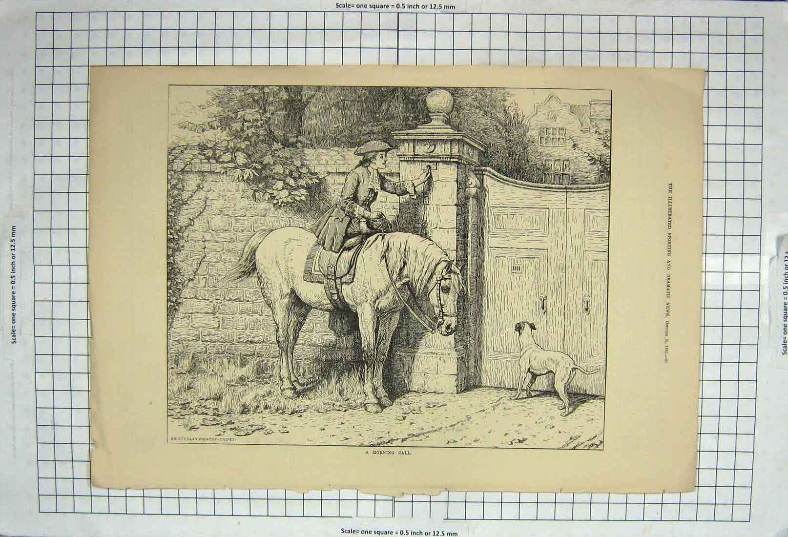 Original Old Antique Print 1885 Morning Call Man Horse Dog House Wall Victorian