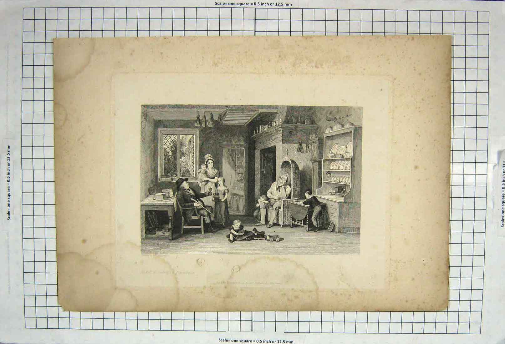 Original Old Antique Print Family Home Scene Children Engraving Rippingille