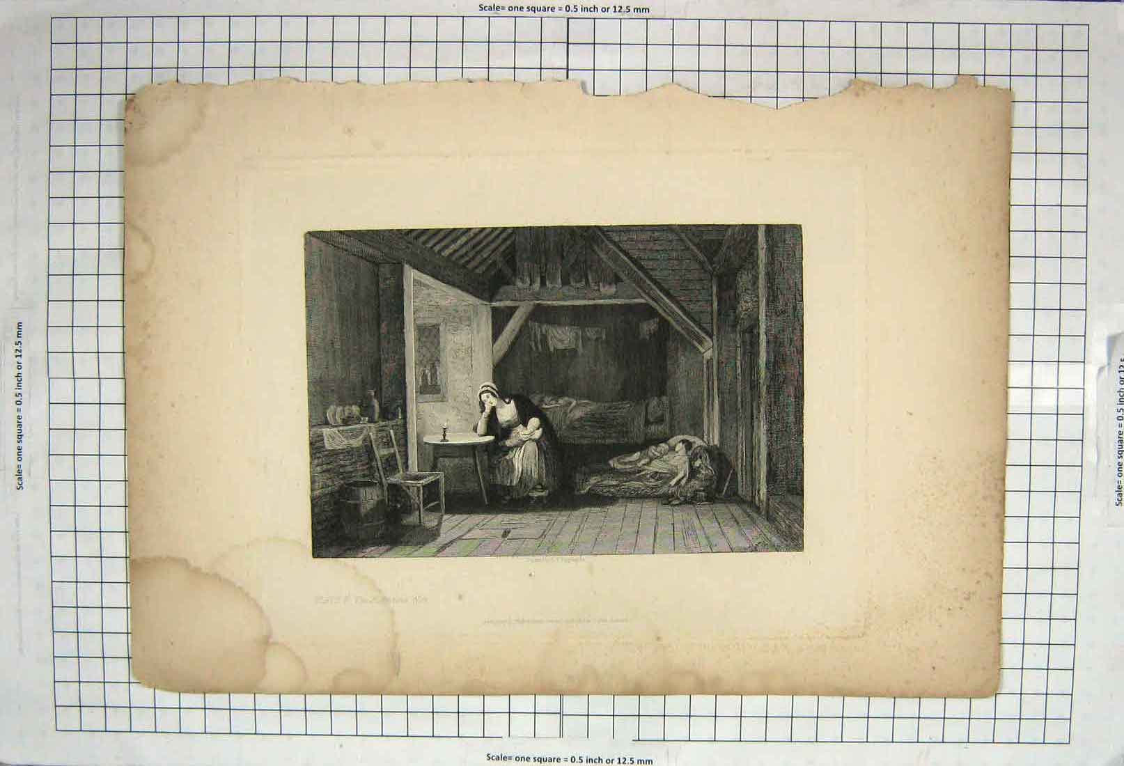 Original Old Antique Print Engraving Rippingille Family Home Children Baby