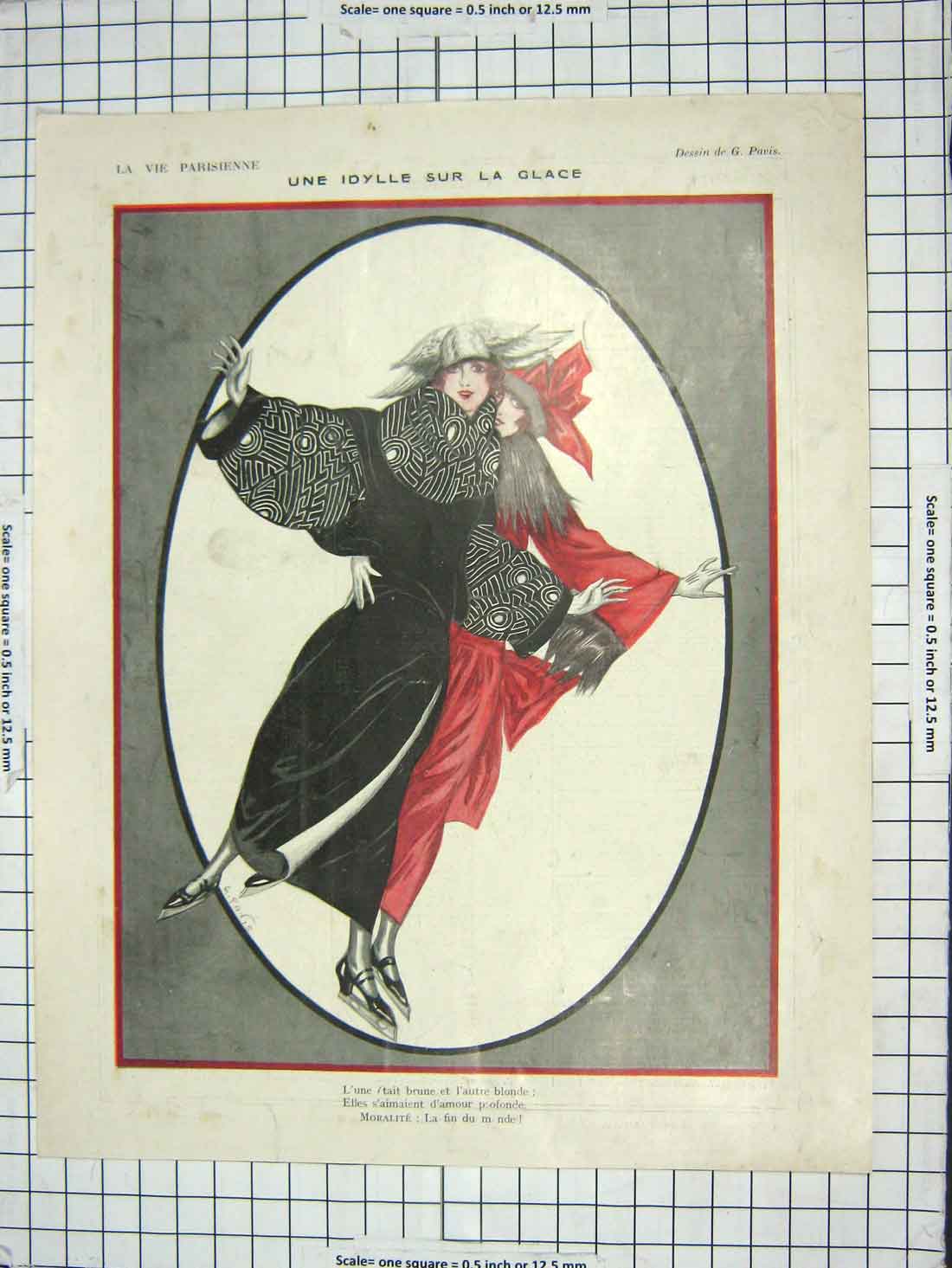 Original Old Antique Print Colour Ladies Fashion Dresses Idylle Sur Glace