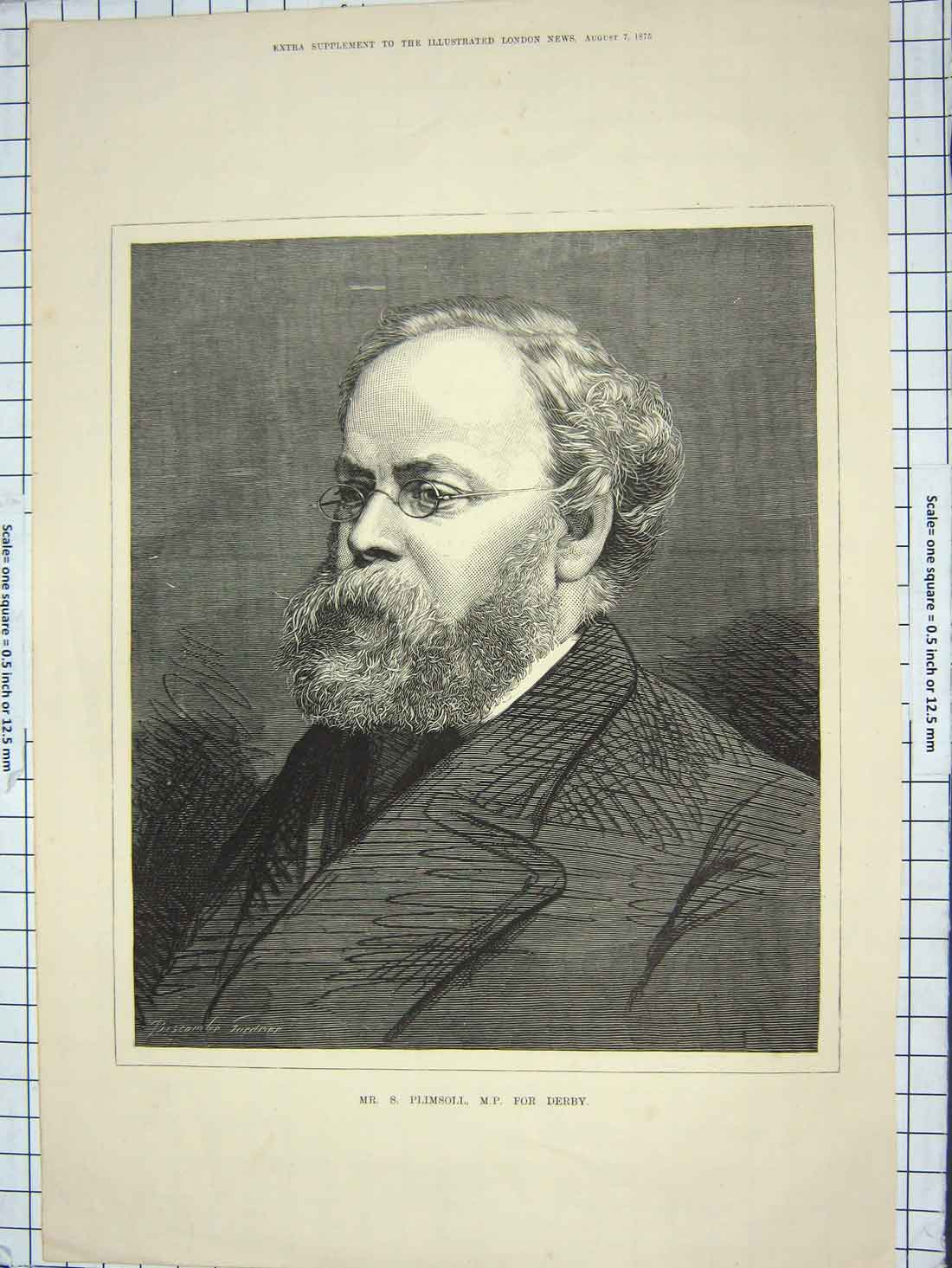 Original Old Antique Print 1875 Portrait Plimsoll M.P. Derby Parliament 19th