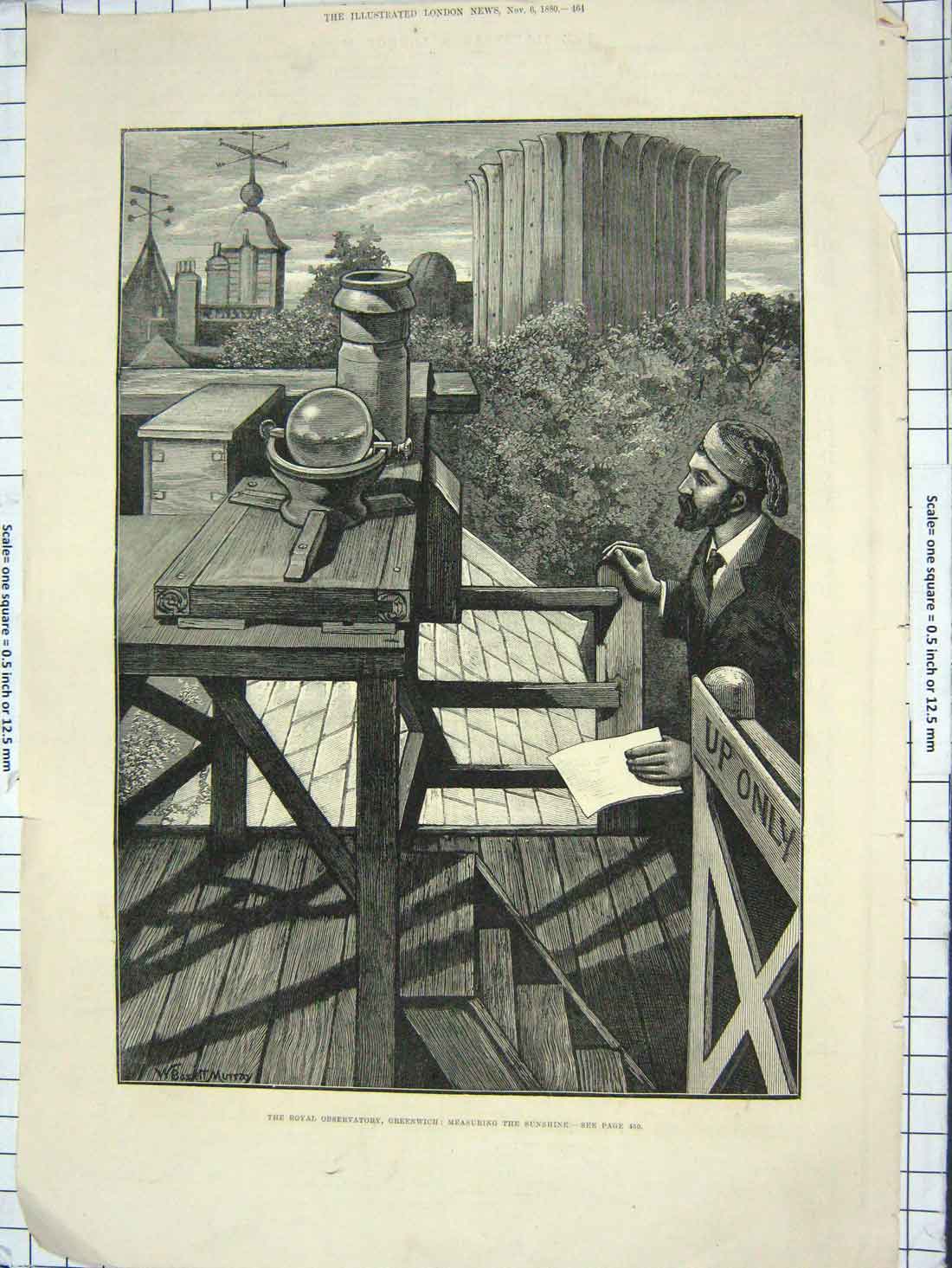Antique Old Print *3905 1880 Royal Observatory Greenwich Measuring Sunshine