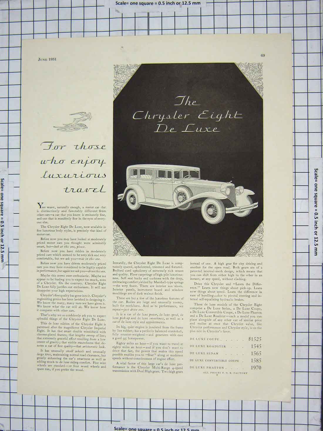 Original Old Antique Print Advertisement Crysler Eight De Luxe Motor Car
