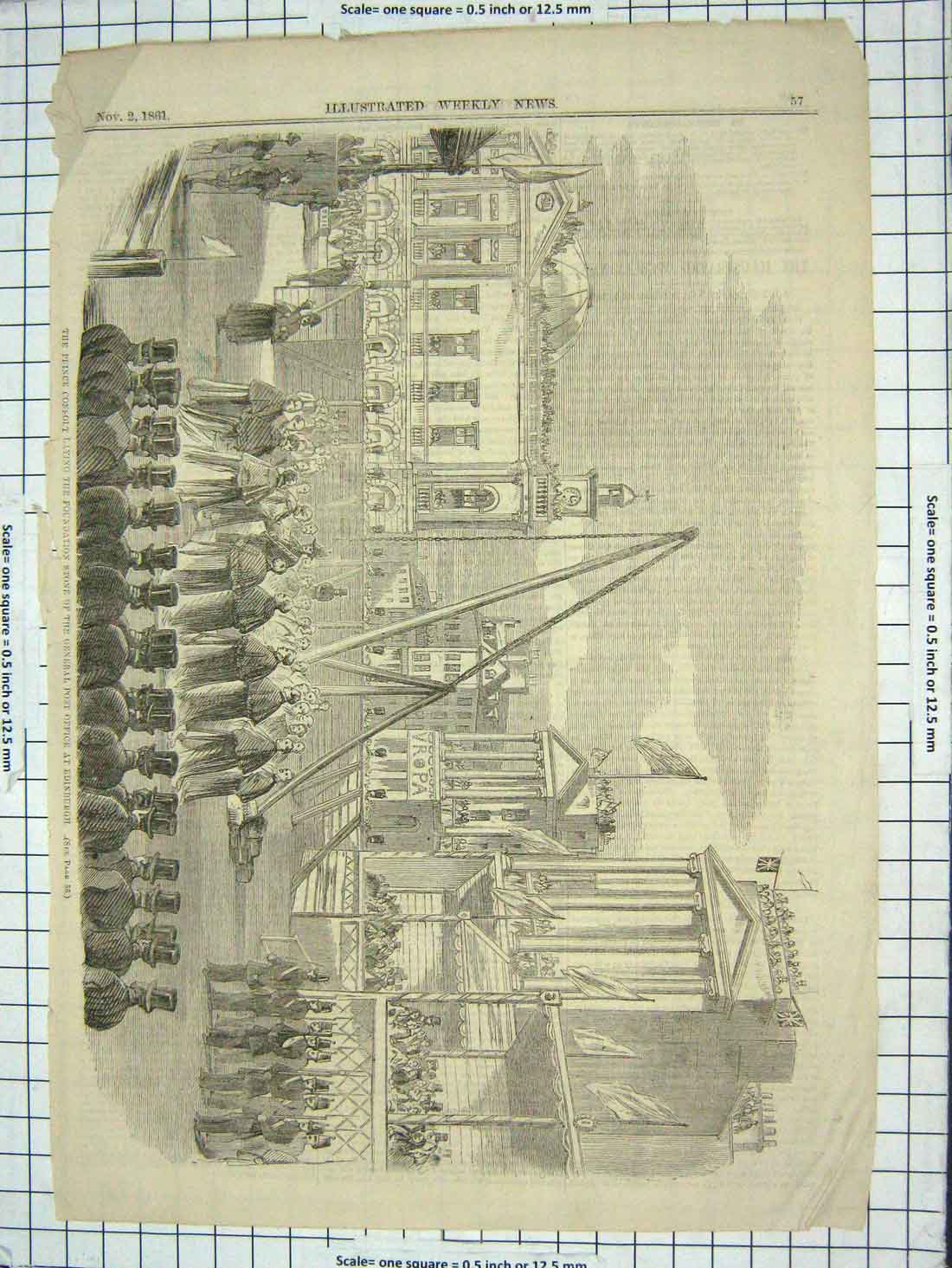 Original Old Antique Print 1861 Prince Consort Foundation Post Office Edinburgh