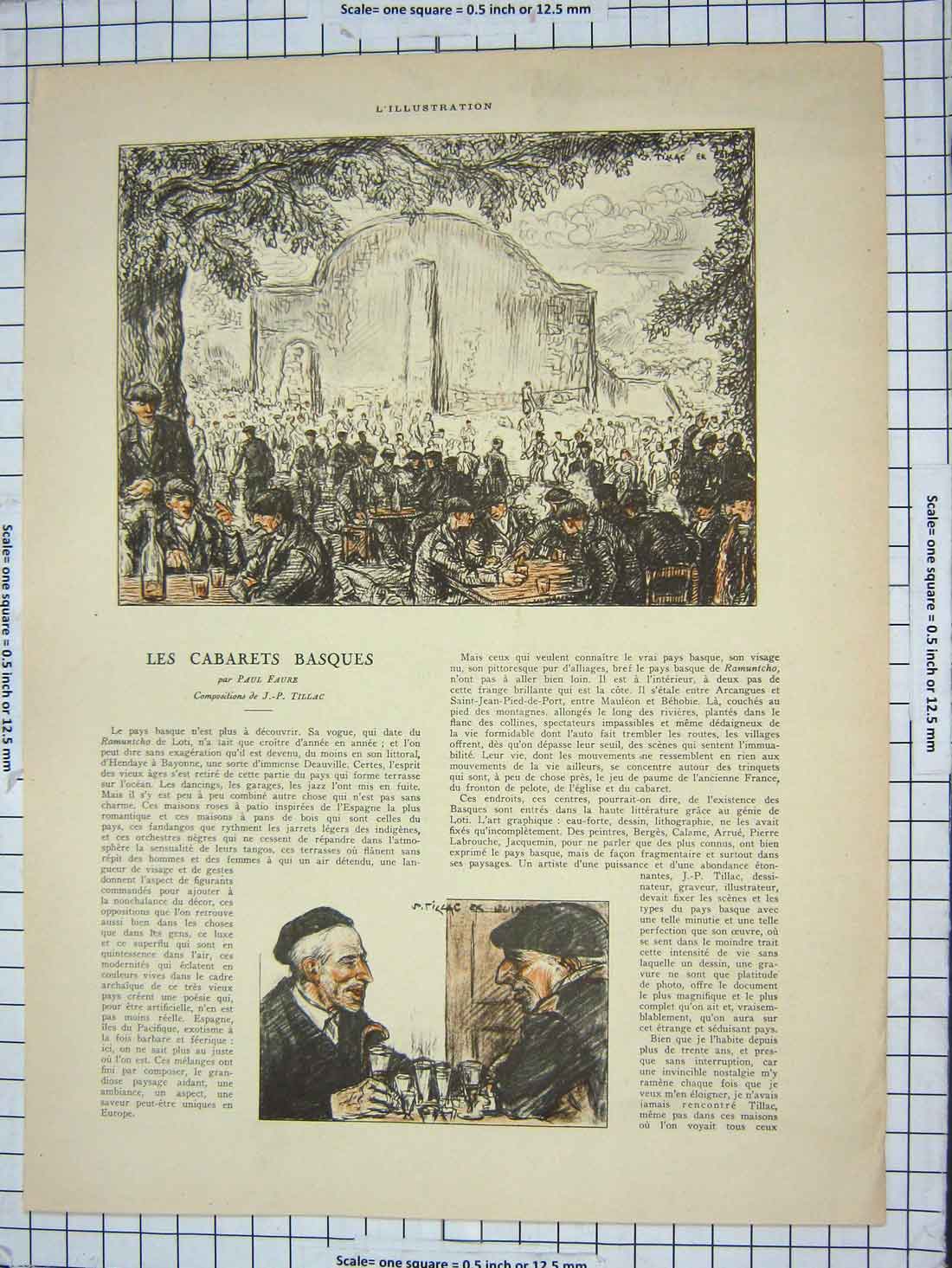 Original Old Antique Print Les Cabarets Basques French Men Drinking Colour