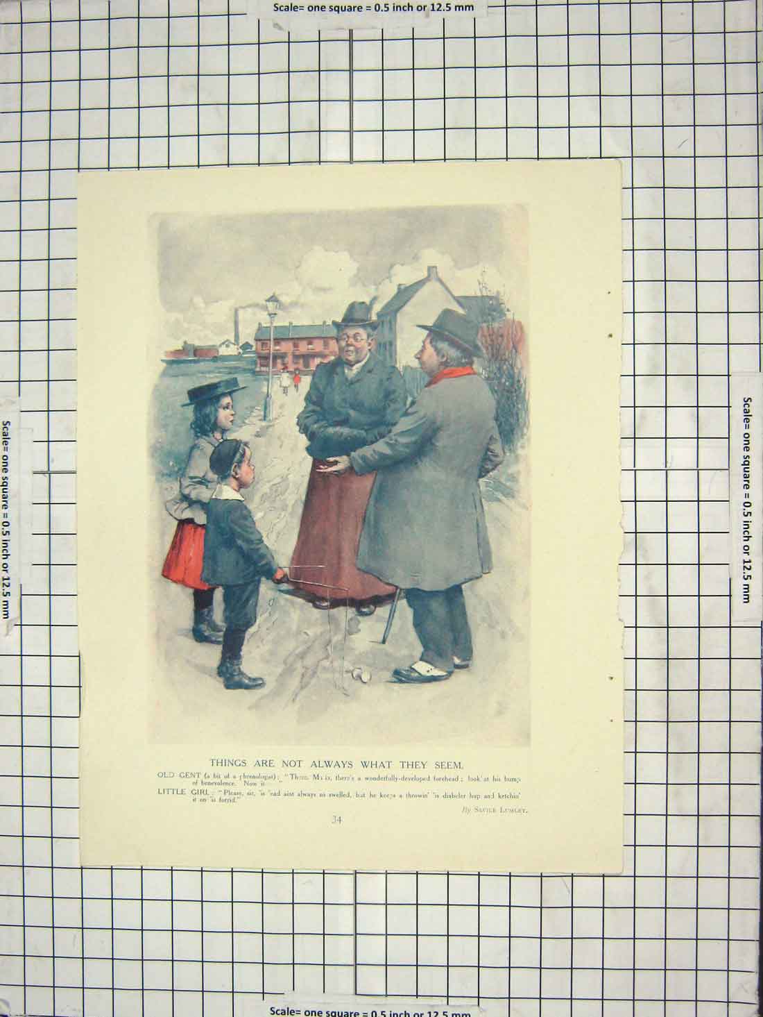 Original Old Antique Print Street Scene Men Children Dinner Table Family Pears