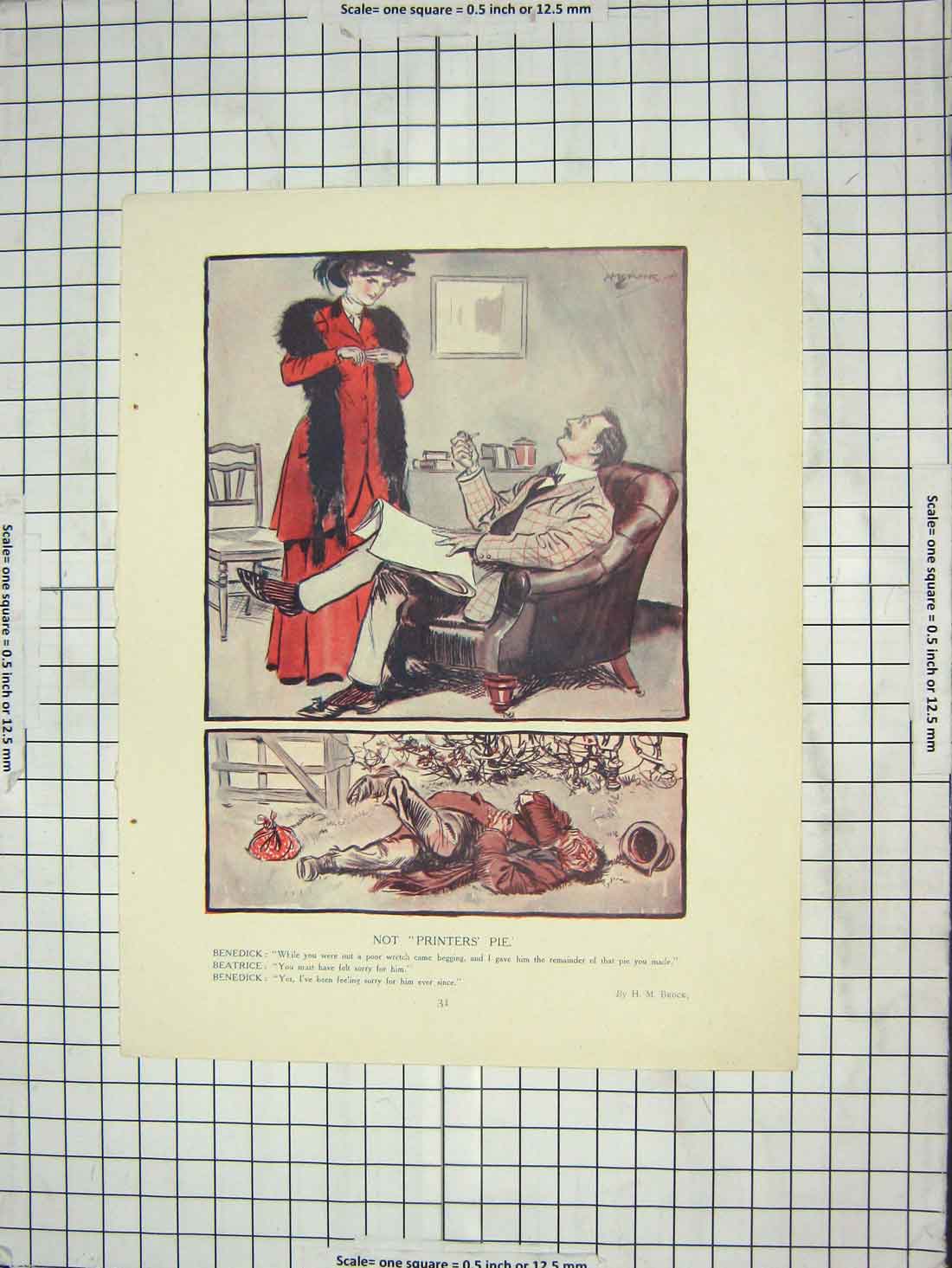 Original Old Antique Print Brock Man Lady Benedick Colour Romance Greig