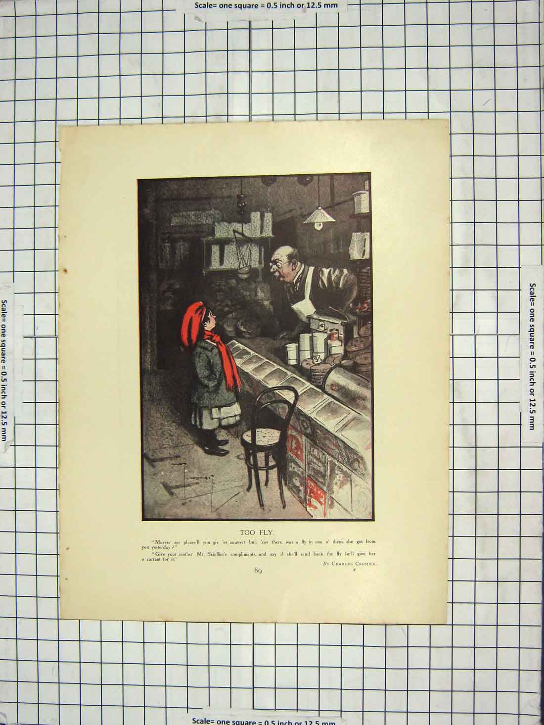 Original Old Antique Print Man Shop Little Boy Customer Girl Grandpa Chickens
