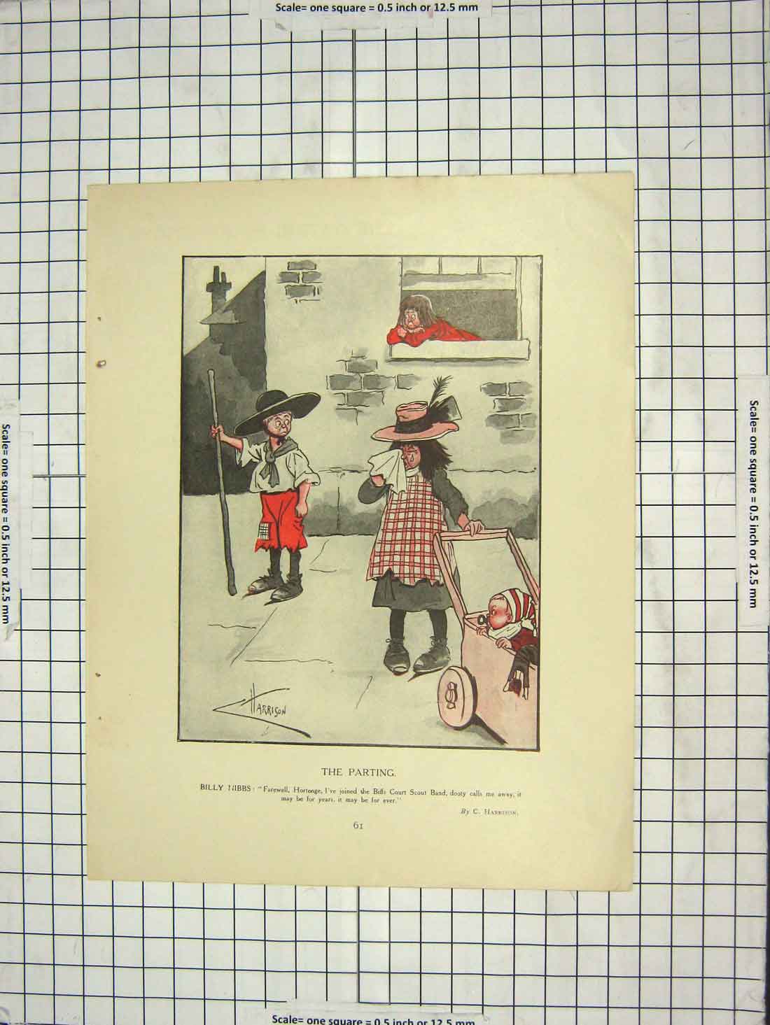 Original Old Antique Print Colour Children Crying Harrison Street Theatre