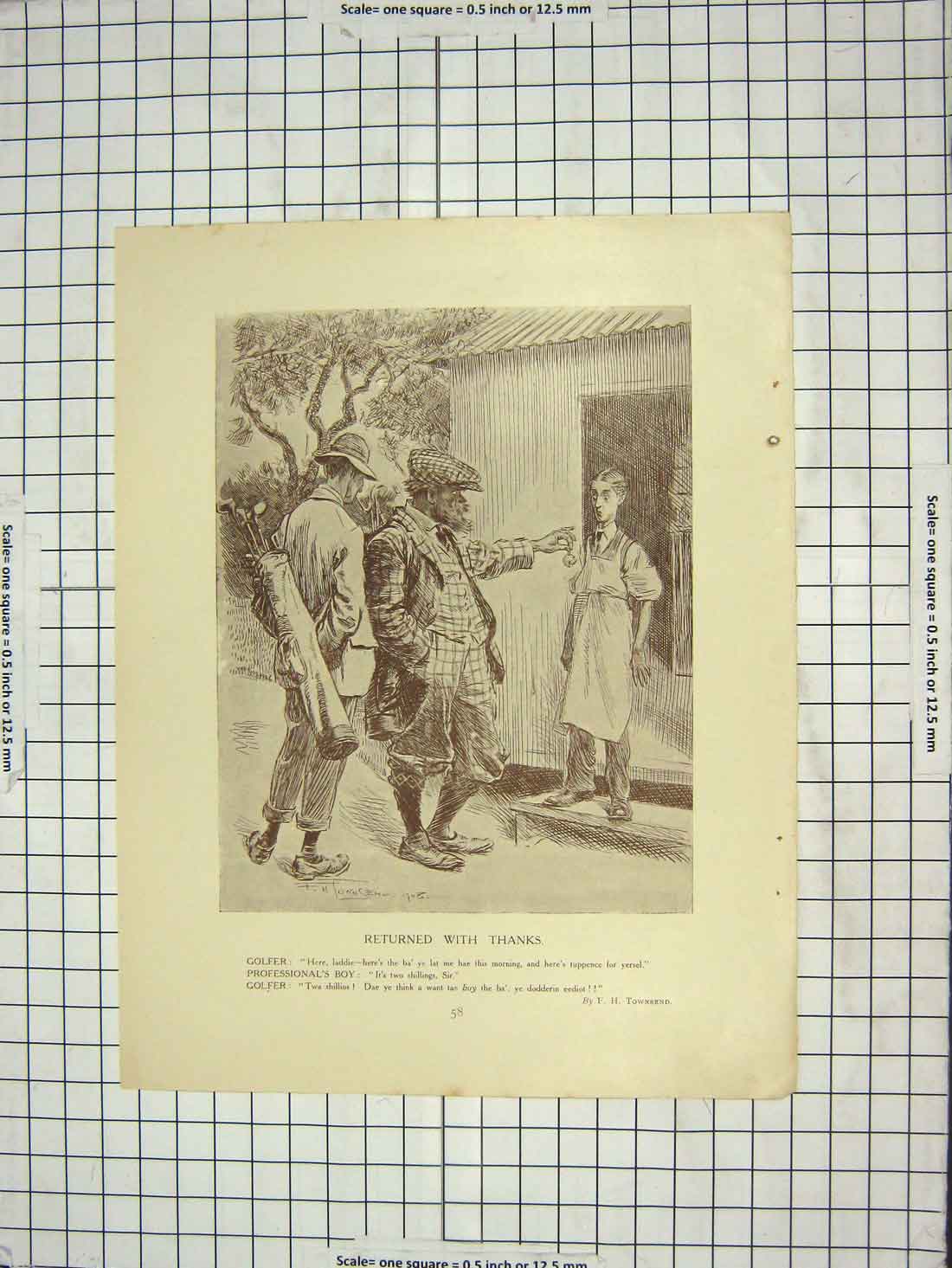 Original Old Antique Print Sport Golf Men Farmer Man Dog Fisherman Colour