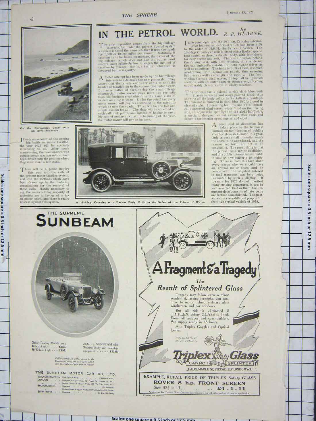Original Old Antique Print Advertisement Crossley Car Triplex Glass Cigarettes
