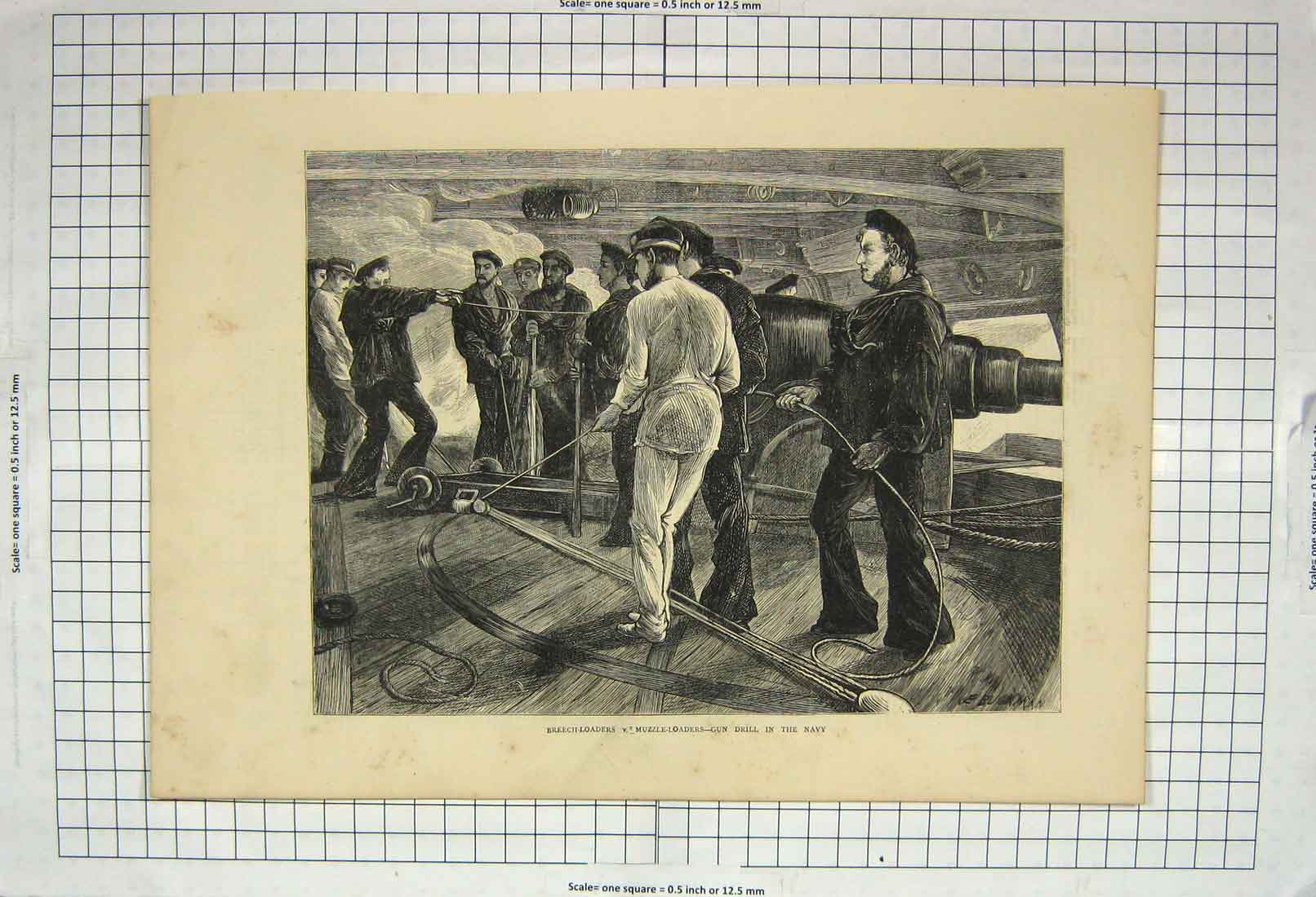 Original Old Antique Print Breech-Loaders Muzzle-Loaders Gun Drill Navy War