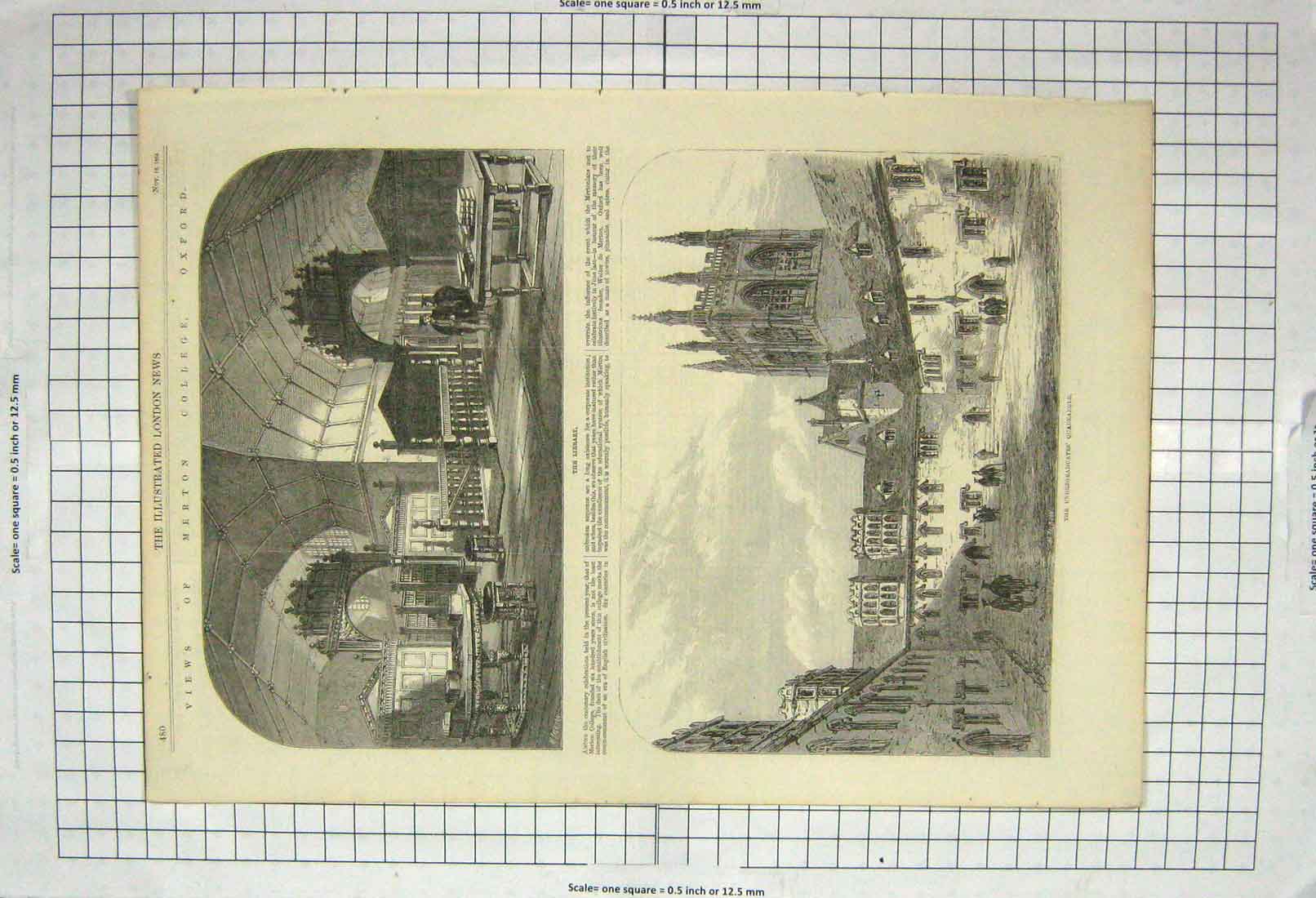 Original Old Antique Print 1864 Merton College Oxford Library Quadrangle 19th