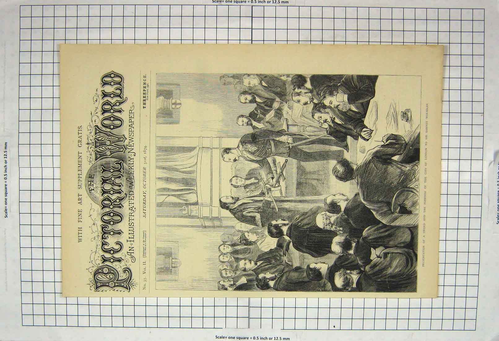 Original Old Antique Print 1874 Presentation Sword Freedom City London Wolseley