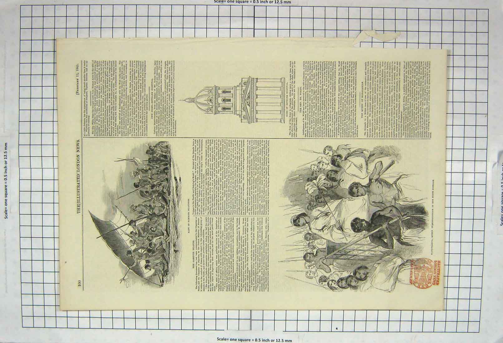 Old Antique Print 1845 Raft Gambier Islanders Madagascar Bethlem Hospital 19th