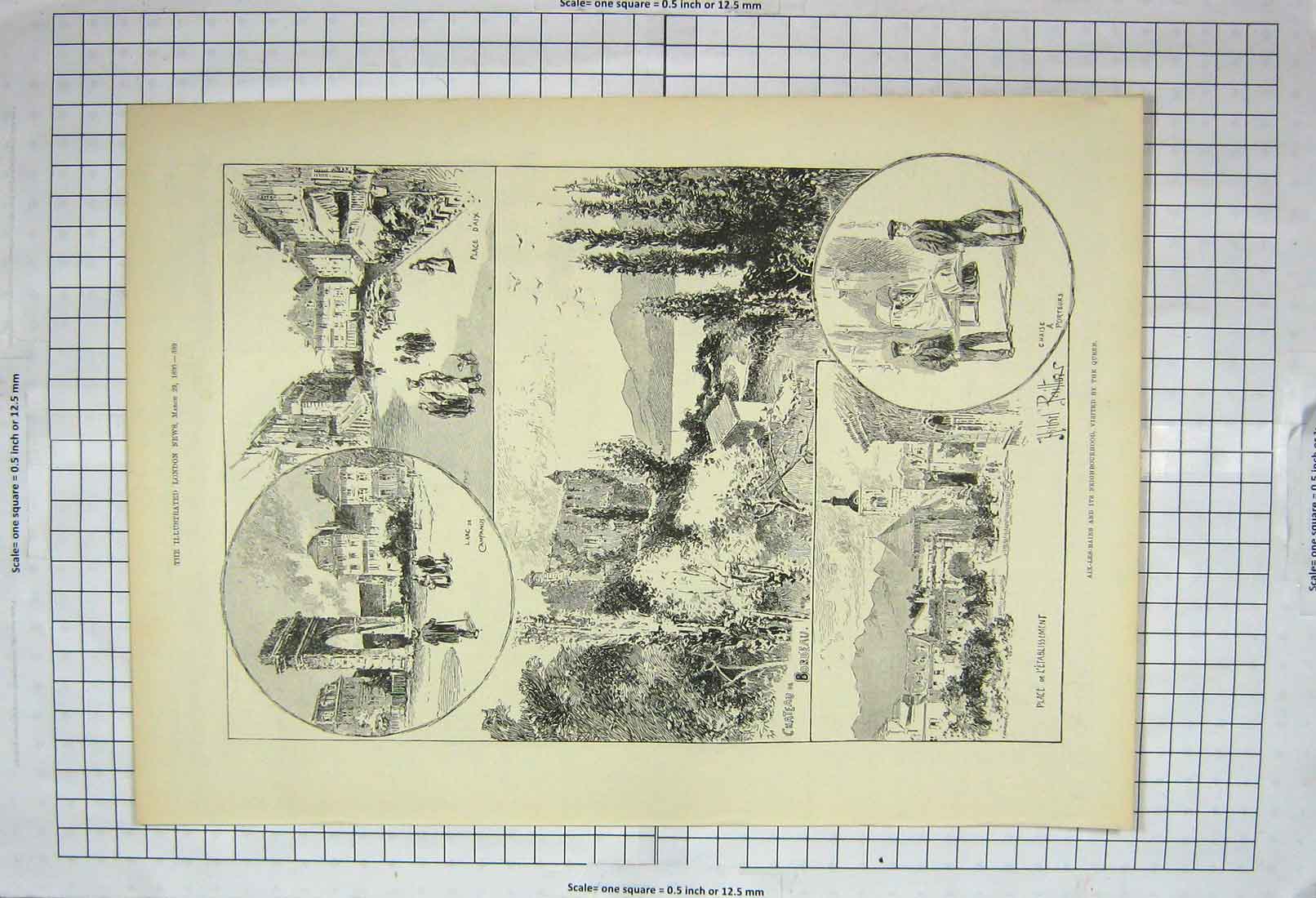 Original Old Antique Print 1890 Aix-Les-Bains Chateau Bordeau Porteurs France