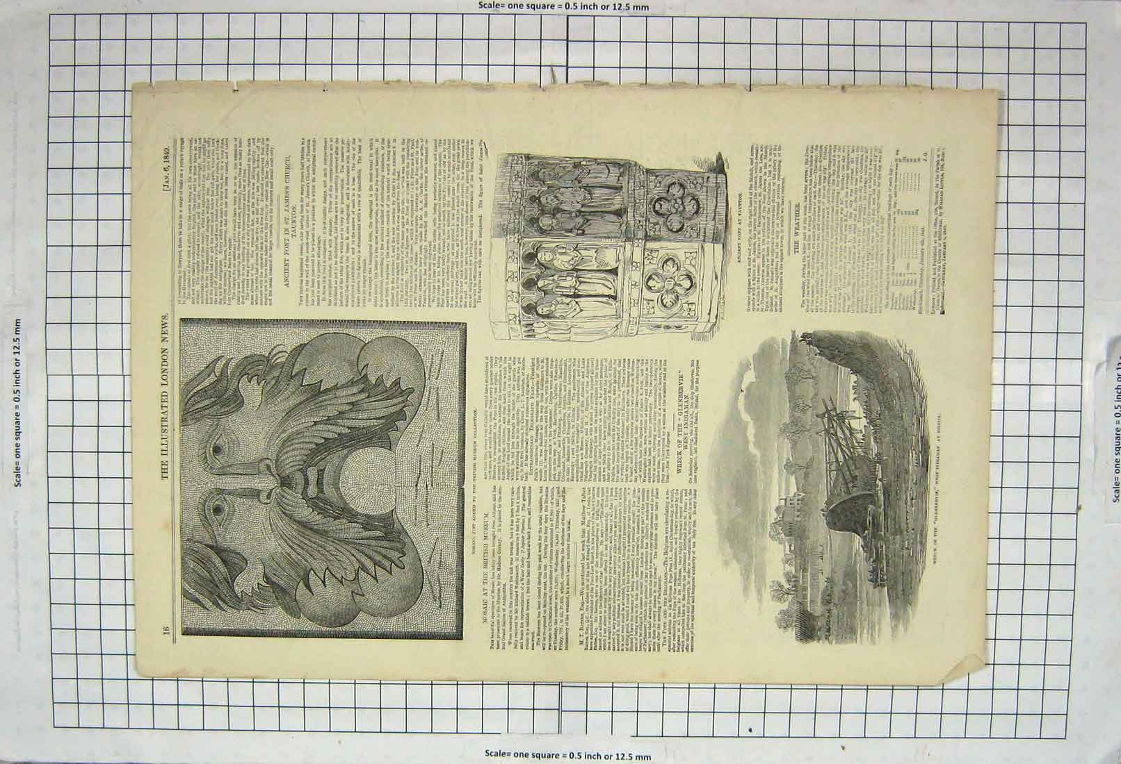Original Old Antique Print 1849 Mosaic British Musuem Ship Wreck Glenbervie