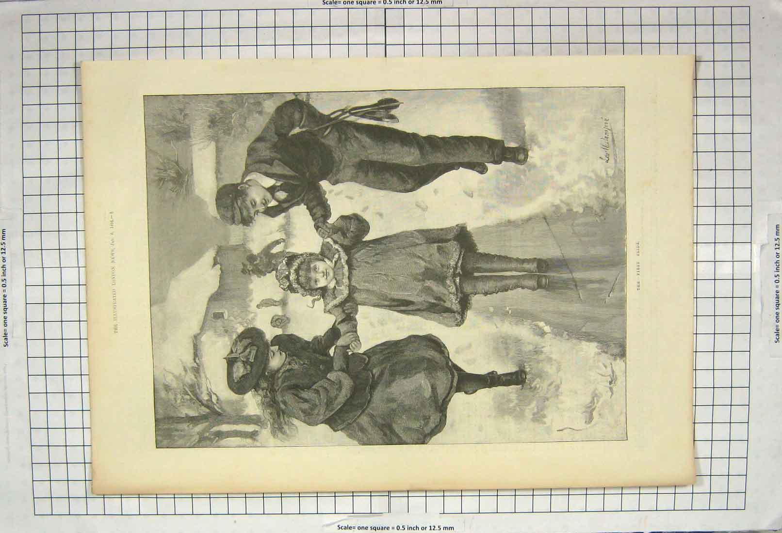 Original Old Antique Print 1894 Winter Scene Children Playing Ice Skating Snow