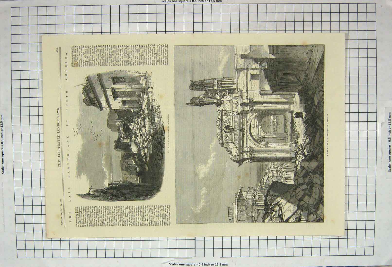 Original Old Antique Print 1868 Earthquake South America Cathedral Arequipa