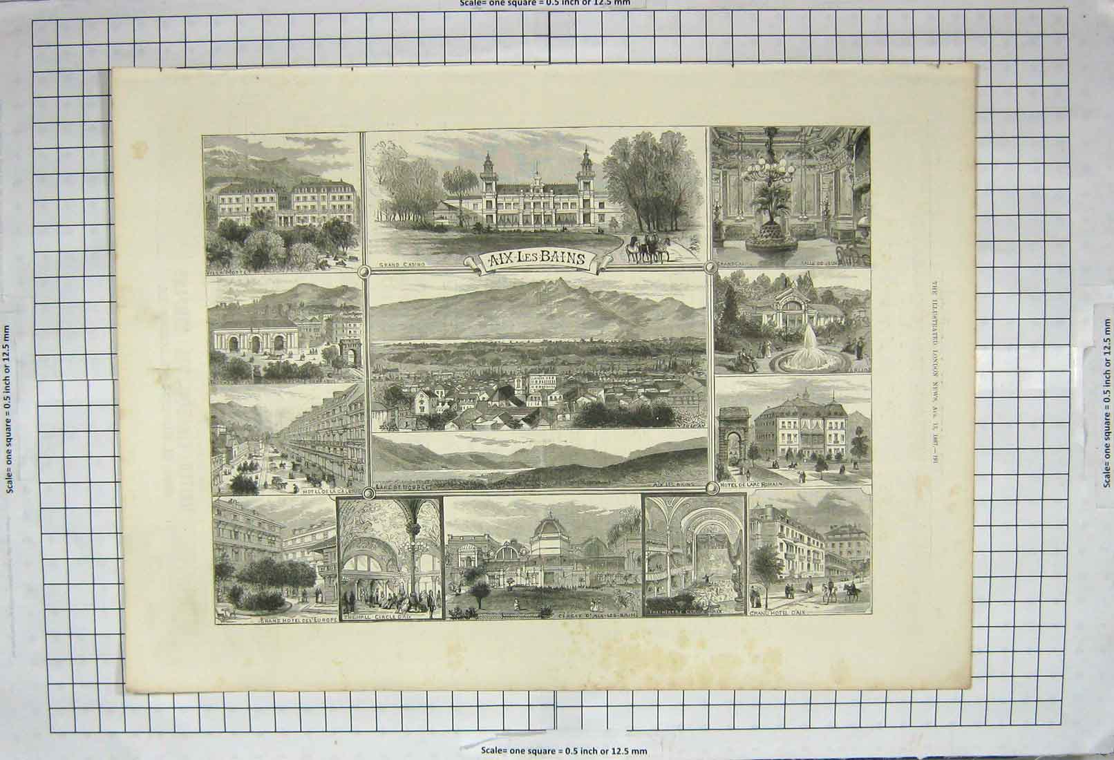 Original Old Antique Print 1887 Aix-Les-Bains Grand Casino Hotel Romain Galerie