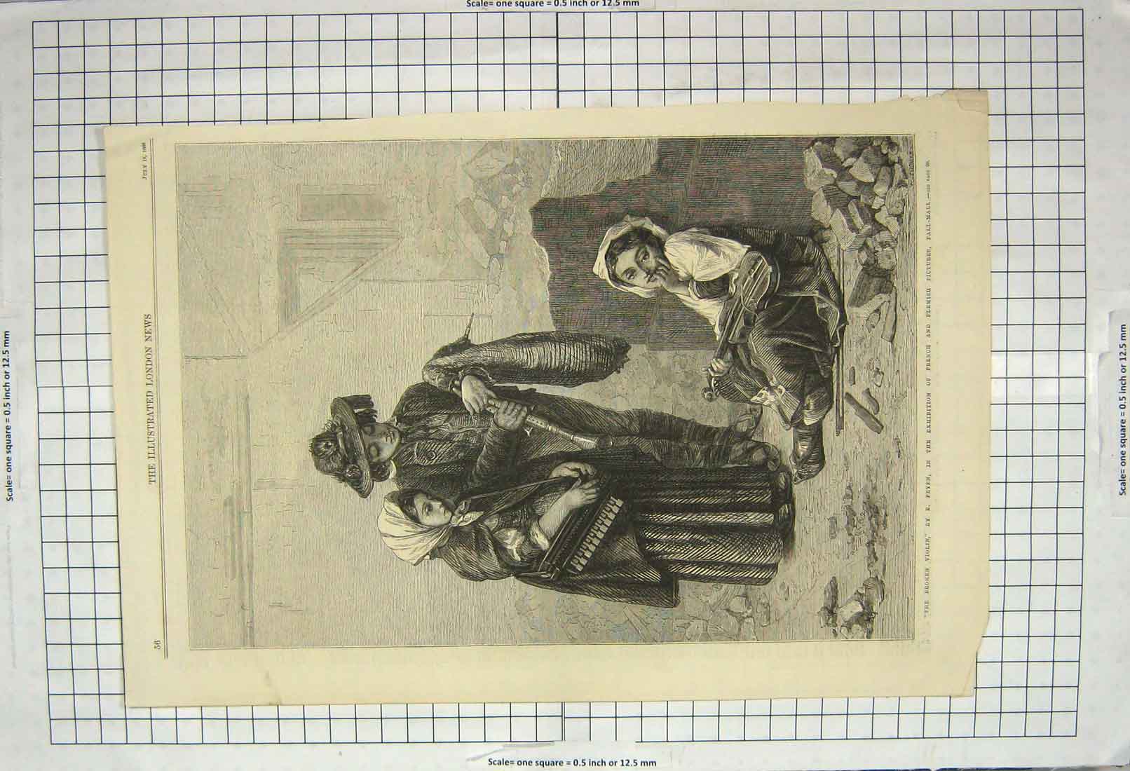 Original Old Antique Print 1868 Little Girl Crying Broken Violin Feyen Fine Art