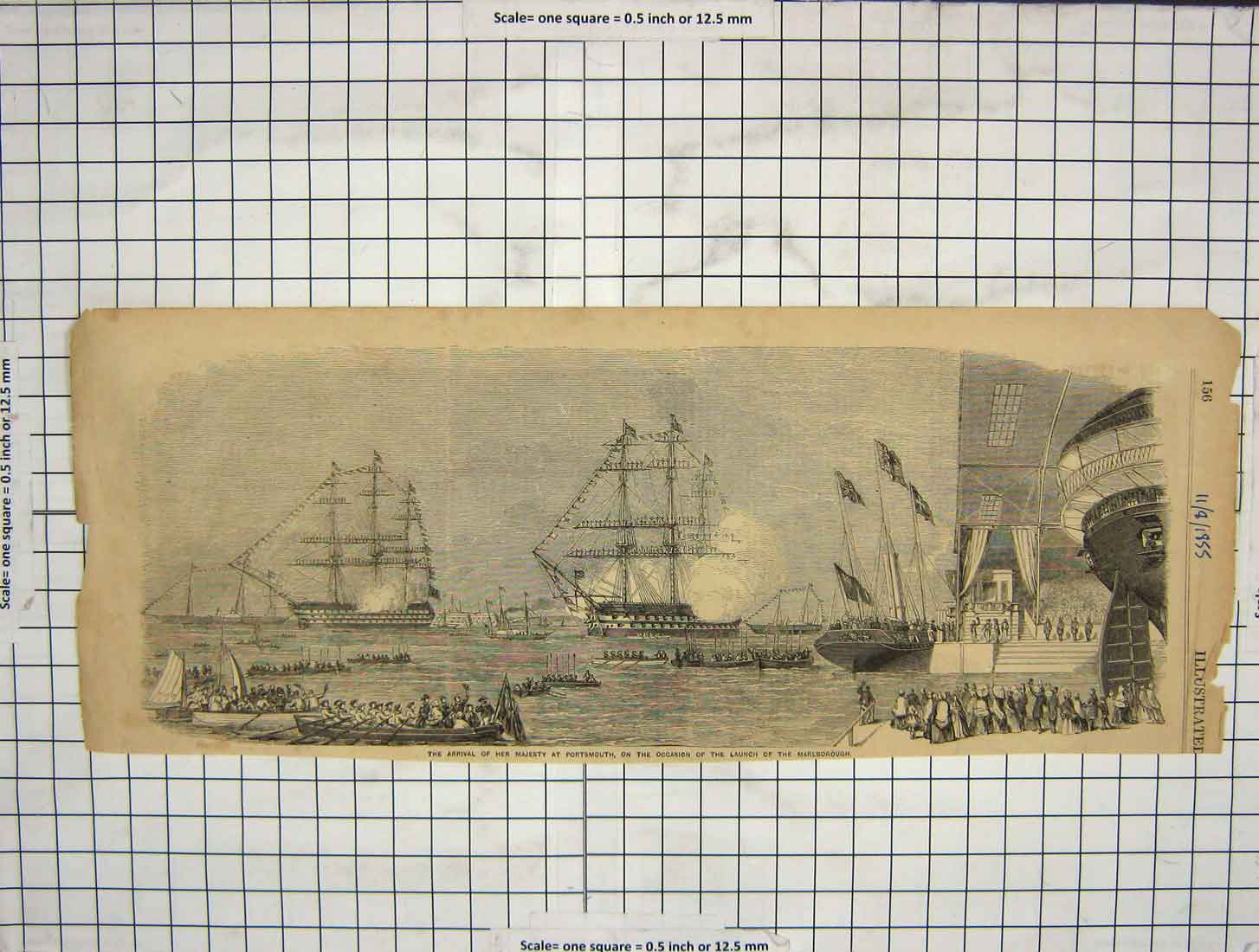 Original Old Antique Print 1855 Queen Portsmouth England War Ships Marlborough