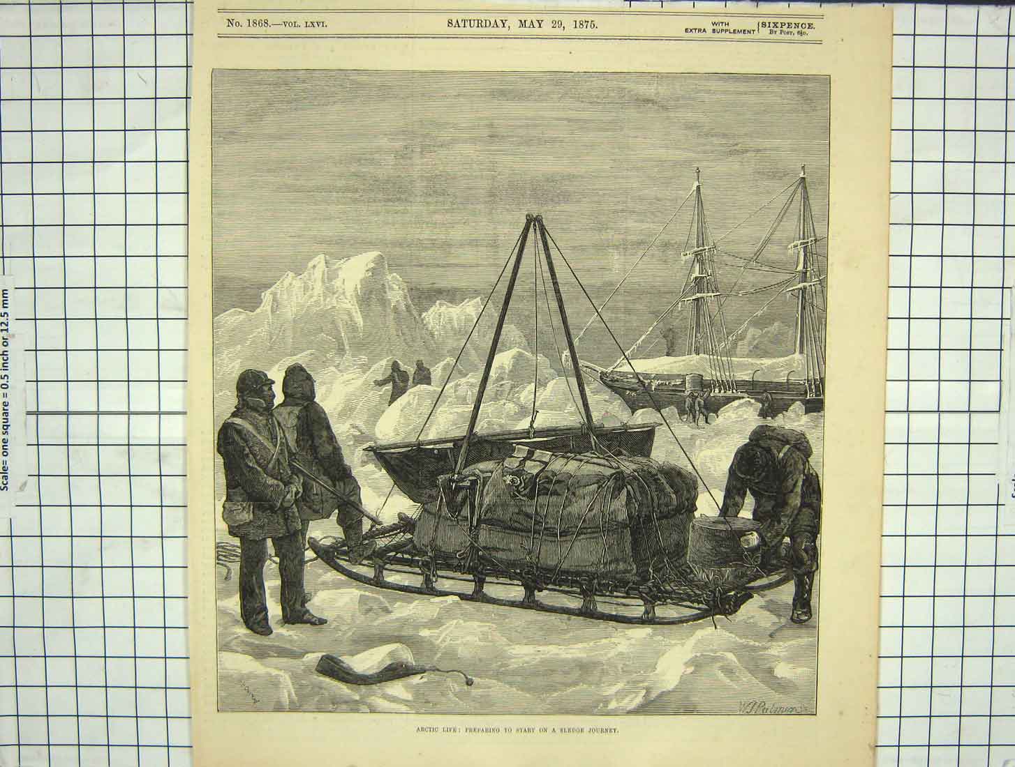 Old Antique Print 1875 Arctic Life Sledge Ship People Ice Snow Fine Art 19th