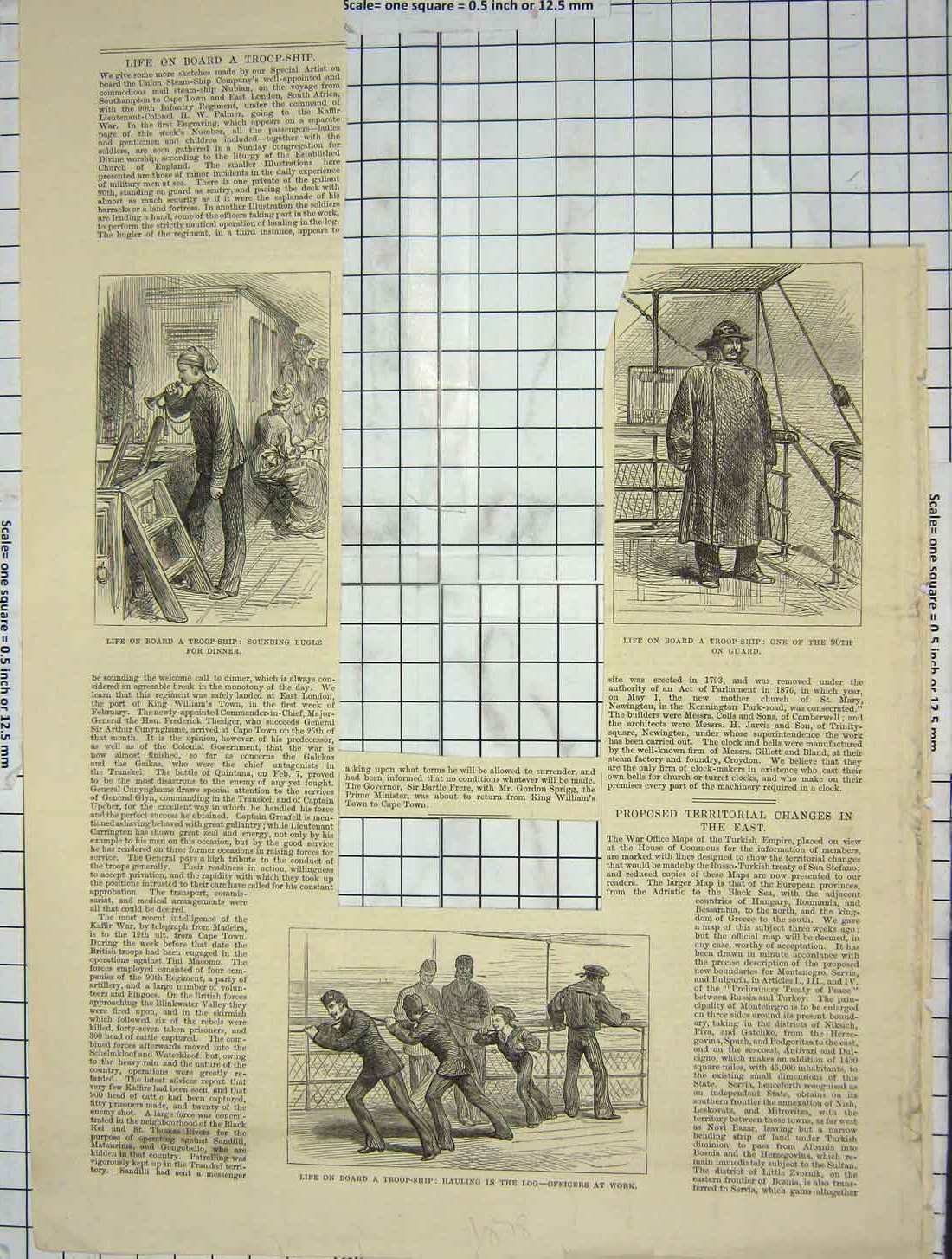 Original Old Antique Print 1878 Troop Ship 90Th Guard Officers Hauling Log Navy
