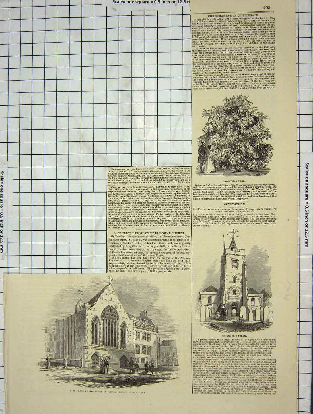 Original Old Antique Print Chiswick French Church Bloomsbury Christmas Tree