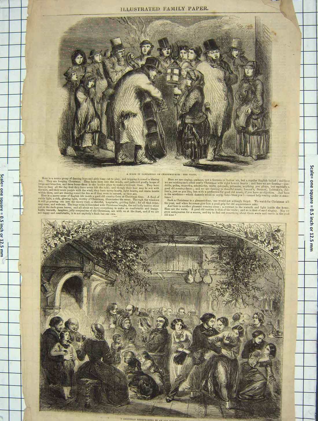 Original Old Antique Print Christmas Merrymaking Country Farm House Lancashire