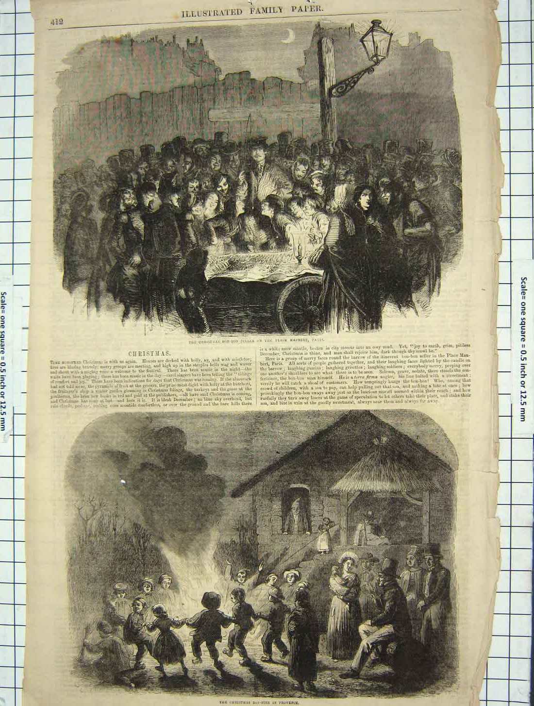 Original Old Antique Print Christmas Bon-Bon Sellers Paris Bon-Fire Provence