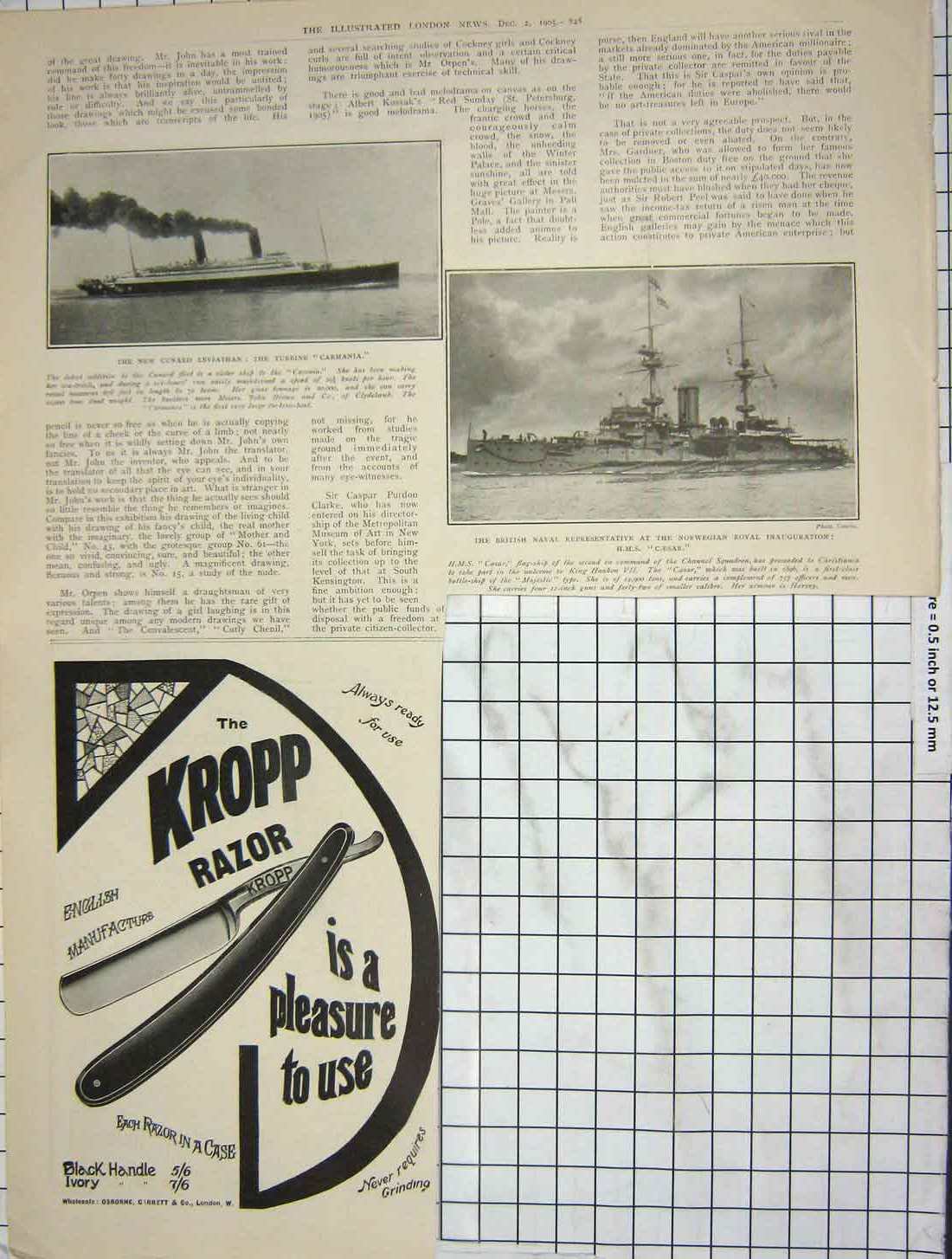 Original Old Antique Print 1905 British Navy Ship Caesar Carmania Kropp Razor