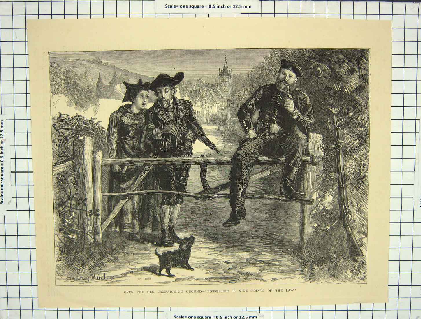 Original Old Antique Print Fine Art Sier Man Campaigning Ground People Dog